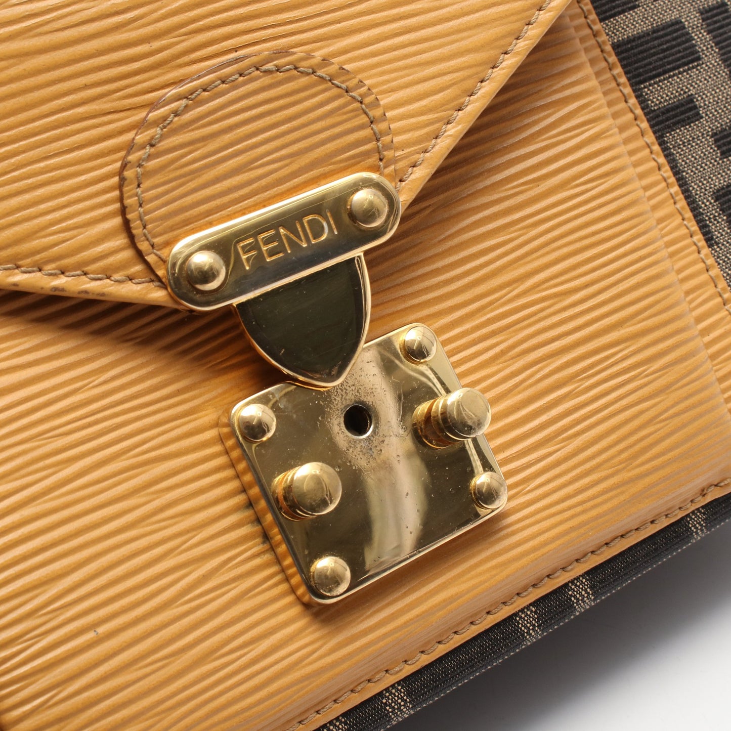 ズッカ ハンドバッグ キャンバス レザー ダークブラウン ライトオレンジ フェンディ バッグ FENDI