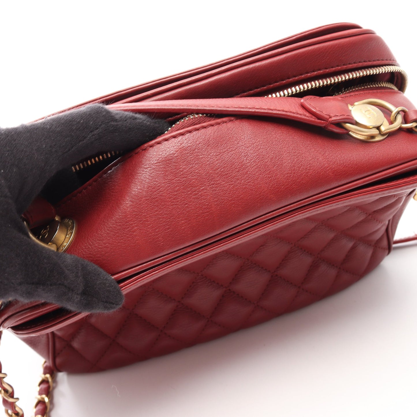 マトラッセ トップハンドル 2WAY チェーンショルダーバッグ レザー レッド ゴールド金具 シャネル