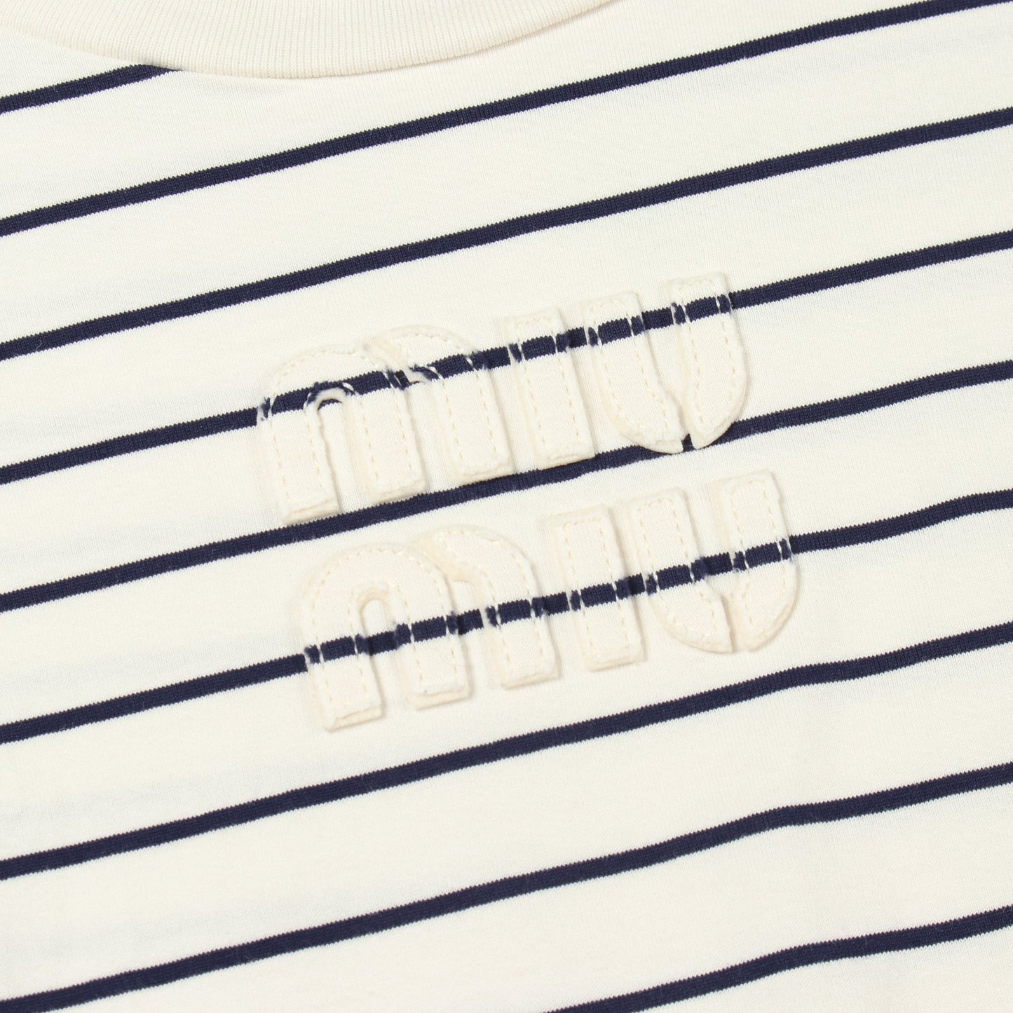 ロゴ ボーダー クロップド 半袖Tシャツ コットン ホワイト ネイビー ミュウミュウ