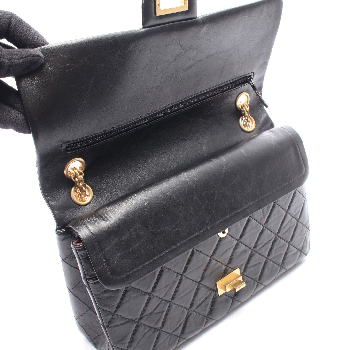 2.55 マトラッセ Wフラップ Wチェーンショルダーバッグ エイジドカーフスキン ブラック ゴールド金具 シャネル バッグ CHANEL