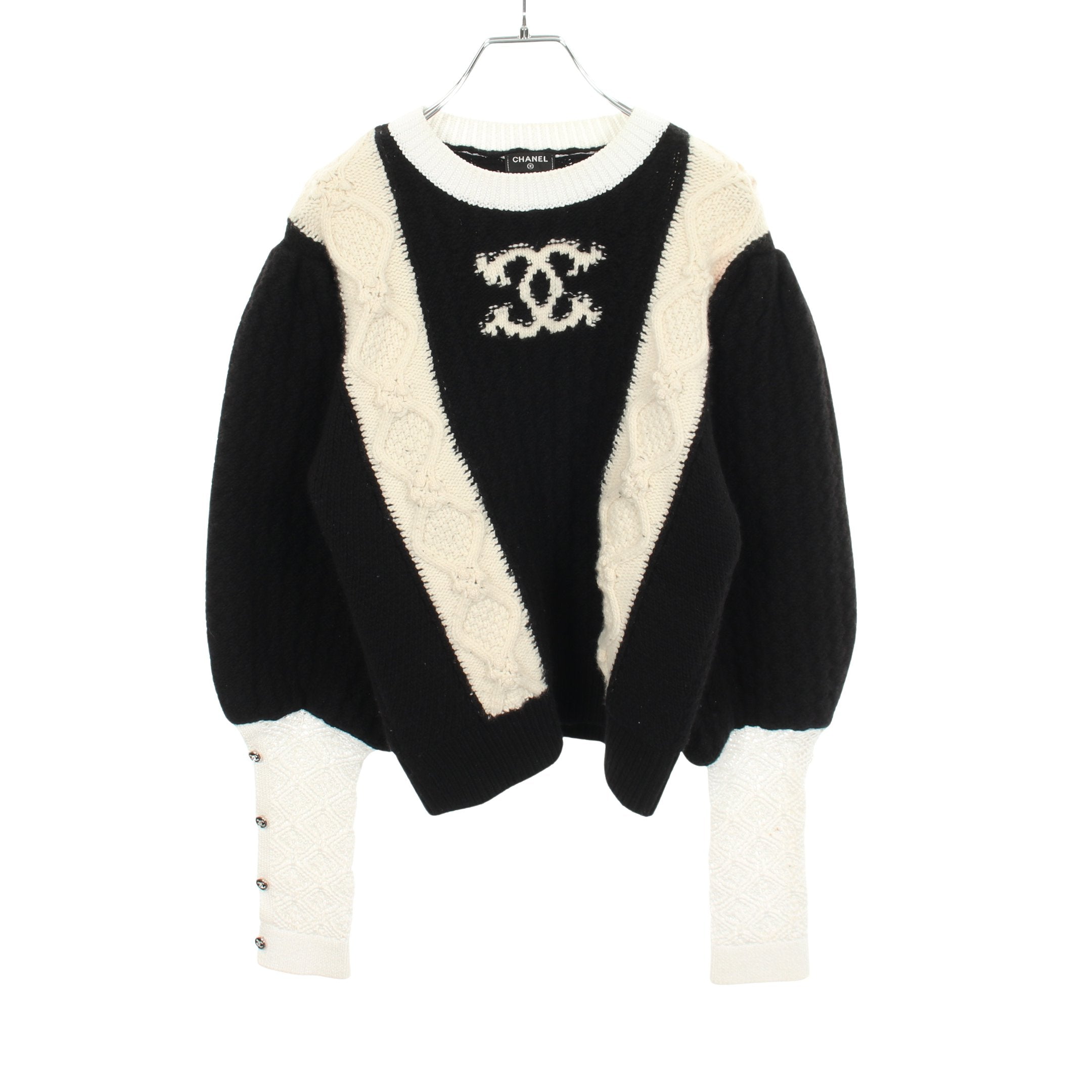 CHANEL ノースリーブニット ワイドパンツセットアップ♡ココマーク38 ココマーク ニット ウール カシミヤ ブラック ホワイト シャネル – RECLO