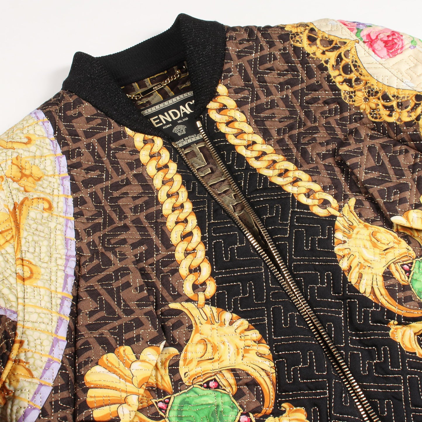 FENDI × VERSACE FENDACE ズッカ柄 ブルゾン ジャケット シルク ダークブラウン ブラック マルチカラー フェンディ