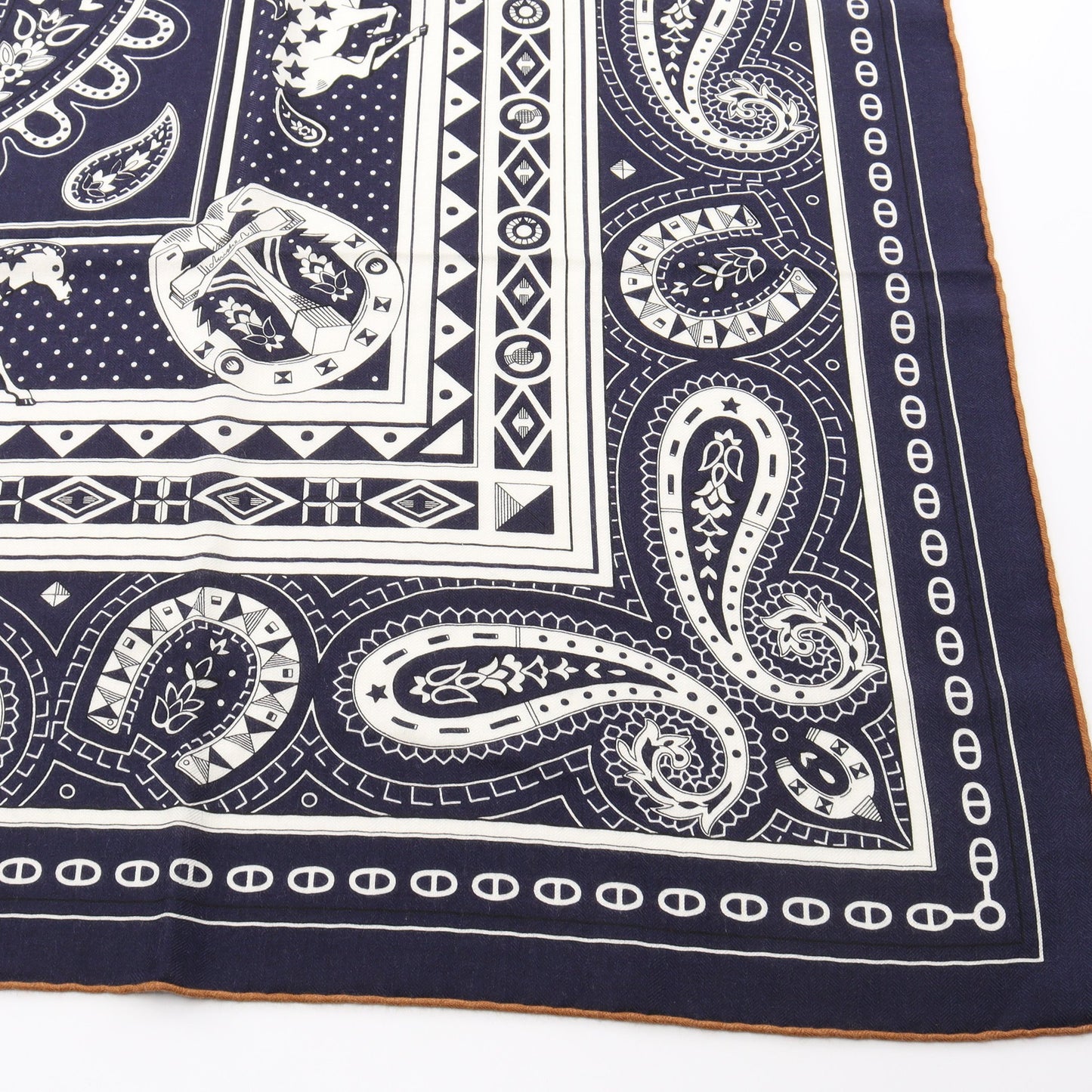 カレジェアン カレ140 Cheval de Coeur Bandana スカーフ ショール カシミヤ シルク ネイビー ホワイト エルメス 財布・小物 HERMES
