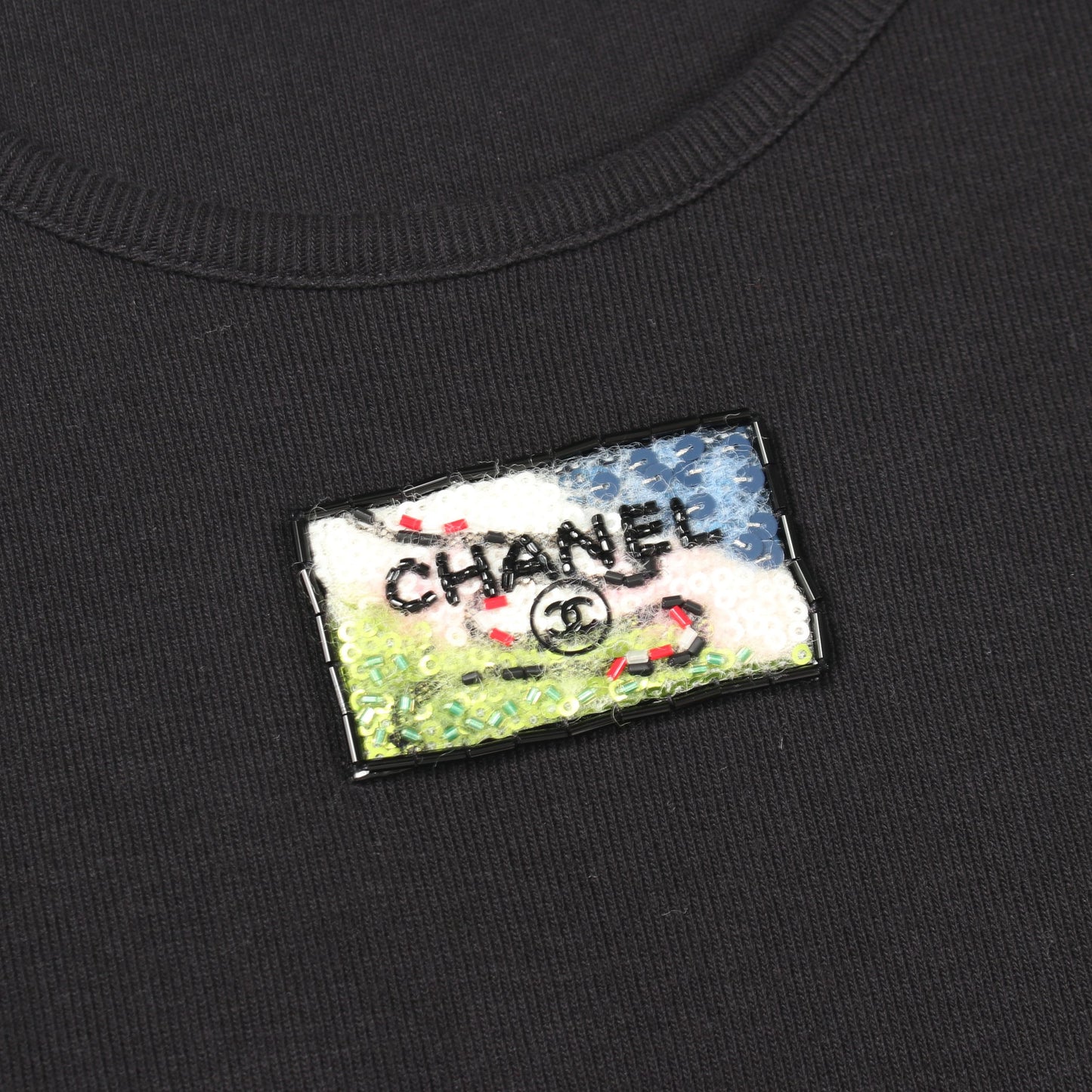 スパンコール刺繍 リブ 半袖 カットソー コットン ブラック シャネル