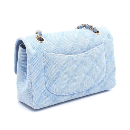 マトラッセ Wフラップ Wチェーンショルダーバッグ デニム レザー ブルー ゴールド金具 シャネル バッグ CHANEL
