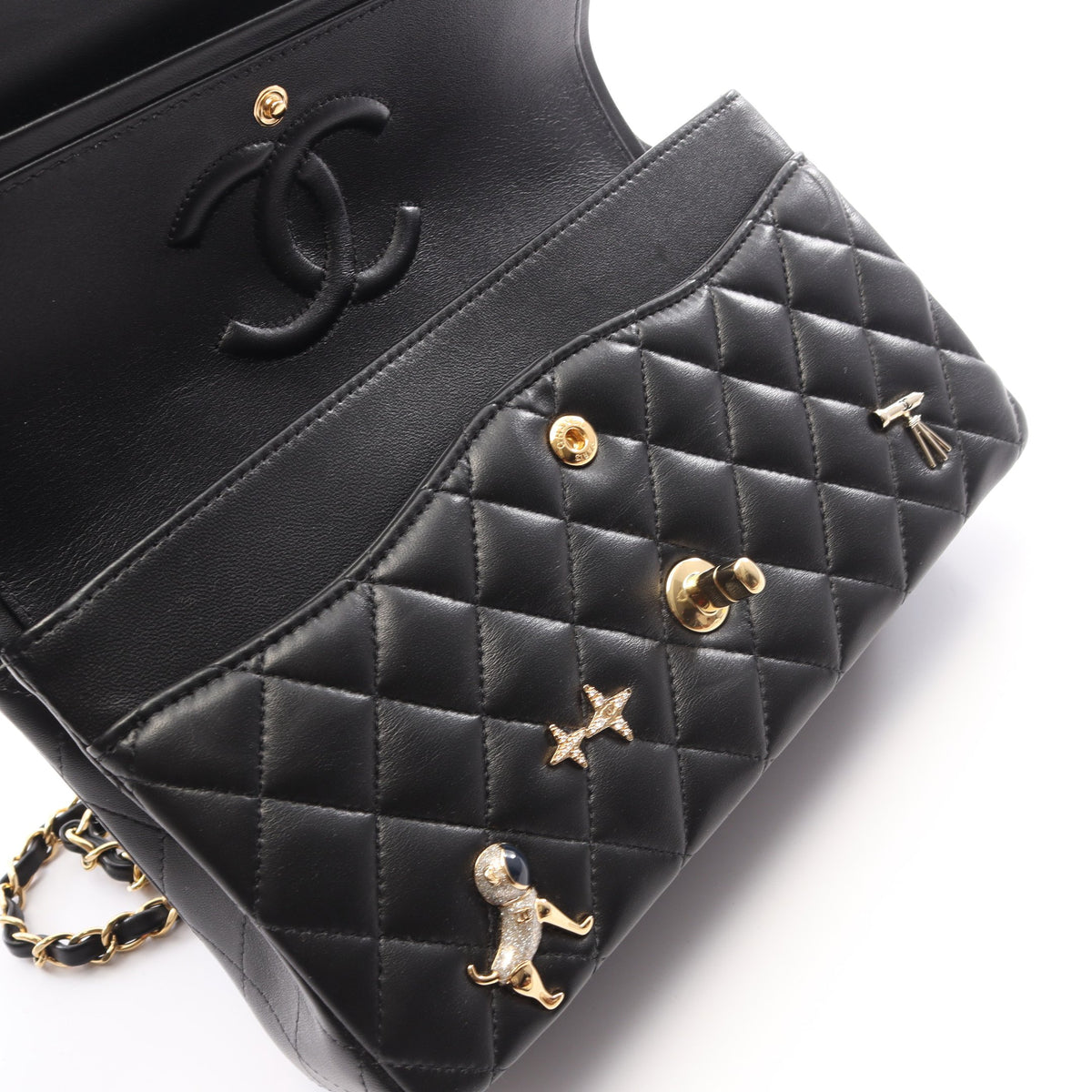 マトラッセ Wフラップ 宇宙アイコン Wチェーンショルダーバッグ ラムスキン ブラック ゴールド金具 シャネル バッグ CHANEL