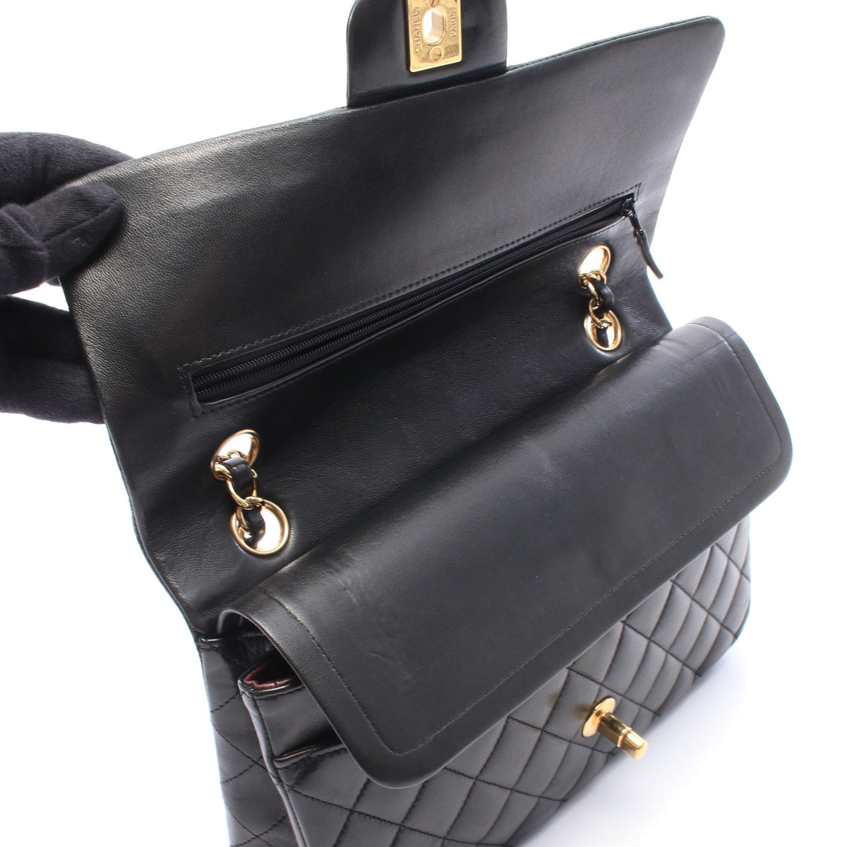 マトラッセ Wフラップ Wチェーンショルダーバッグ ラムスキン ブラック ゴールド金具 シャネル バッグ CHANEL