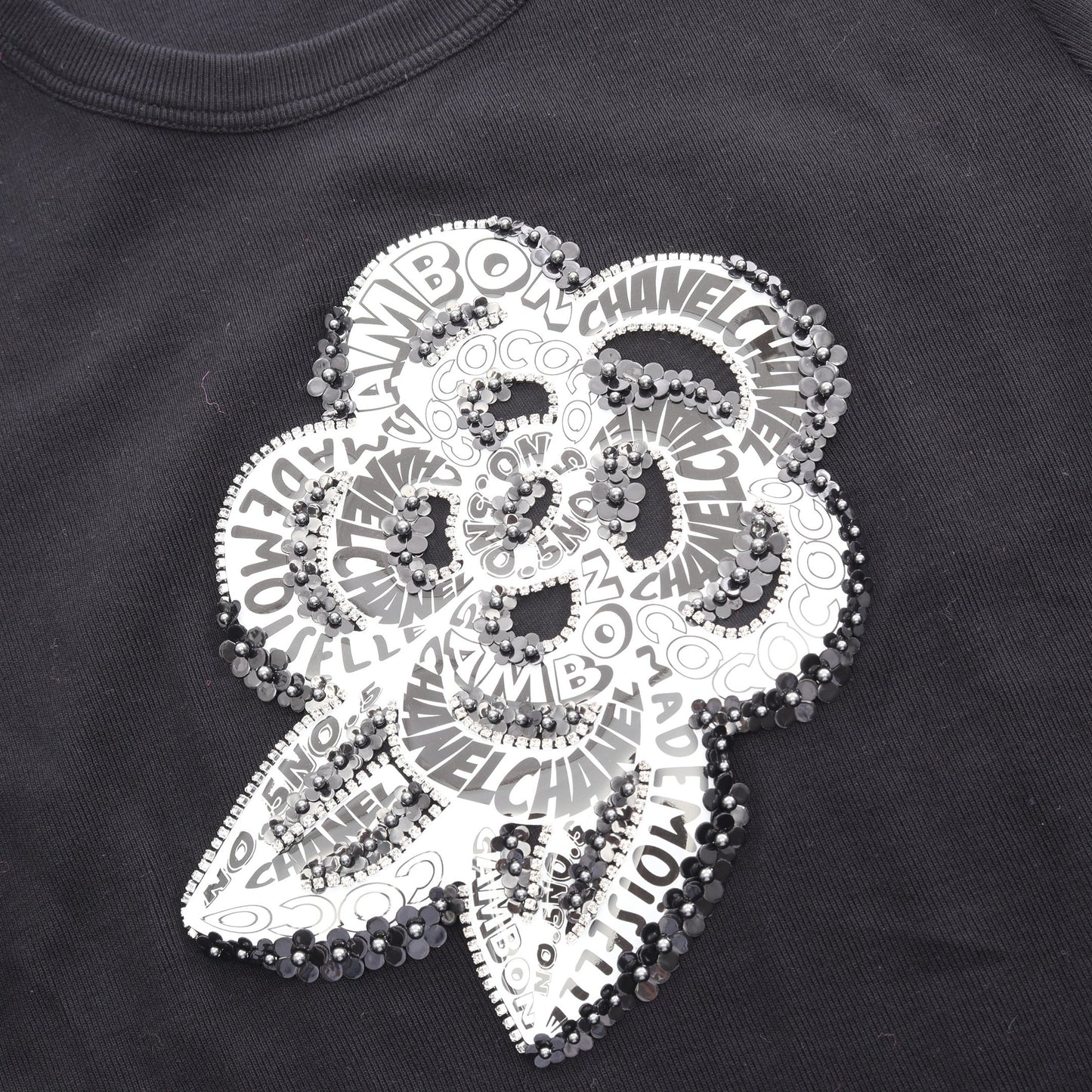 カメリアロゴ ラインストーン 半袖Tシャツ コットン ブラック シャネル