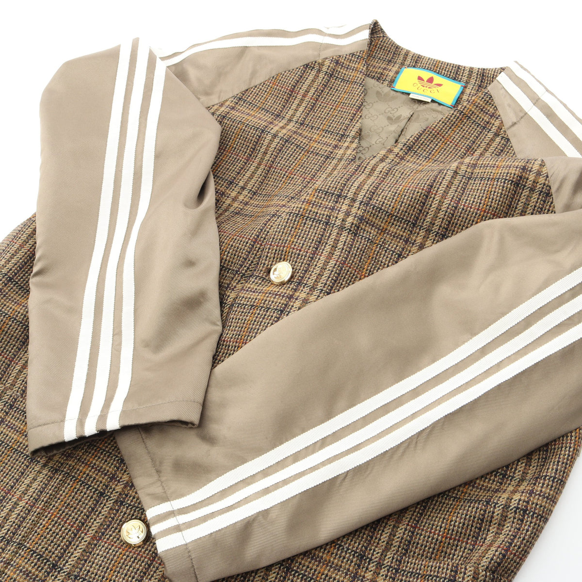GUCCI × adidas チェック 切替 ノーカラー コート ウール レーヨン ブラウン グッチ