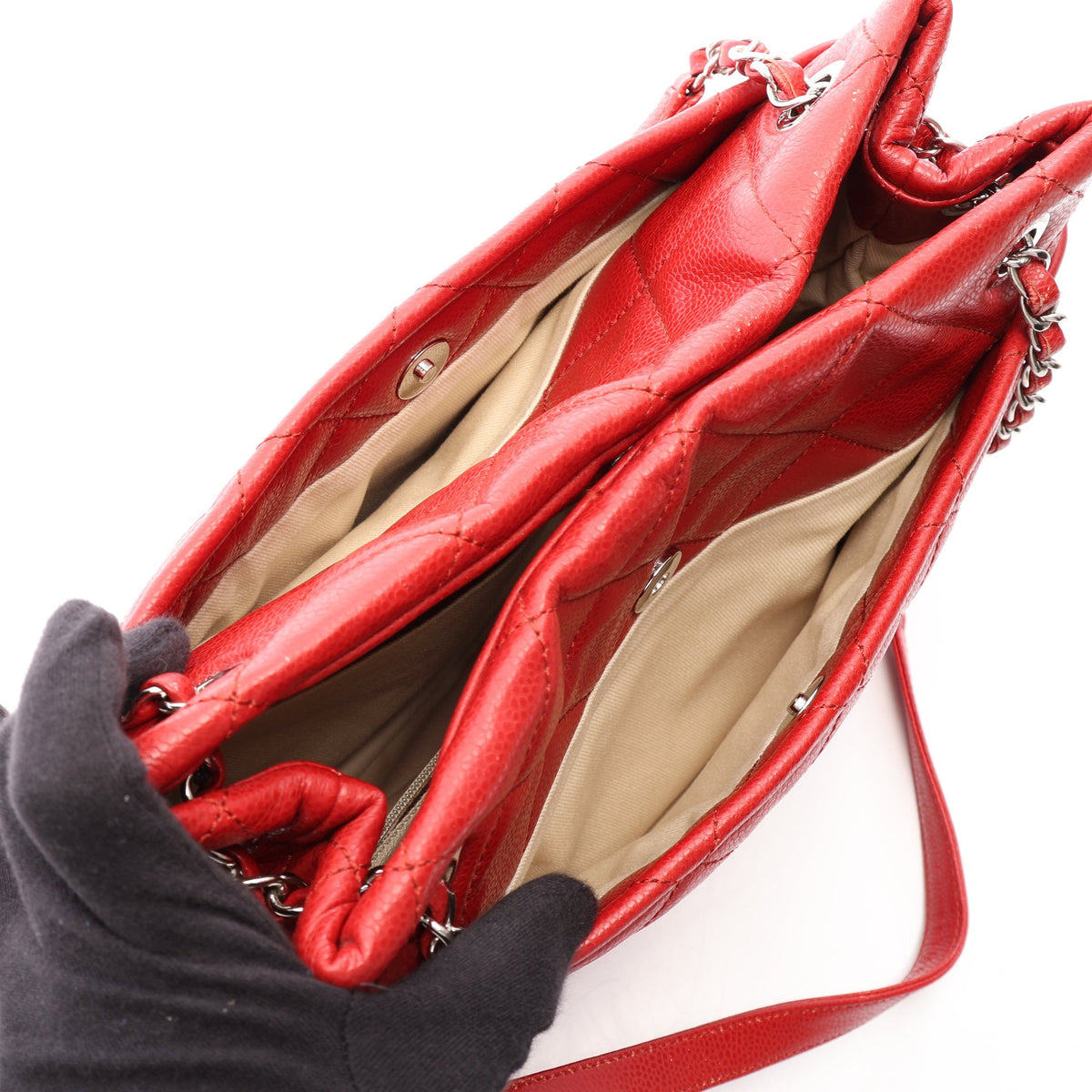 マトラッセ チェーンショルダーバッグ チェーントートバッグ キャビアスキン レッド シルバー金具 シャネル