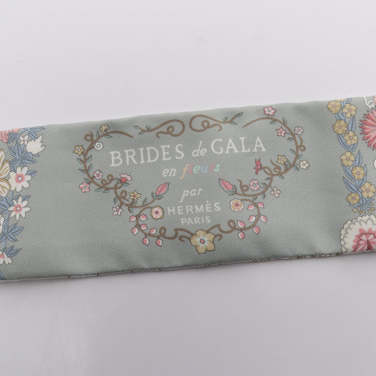 ツイリー BRIDES de GALA en fleurs リボン スカーフ シルク オフホワイト グレーグリーン マルチカラー エルメス
