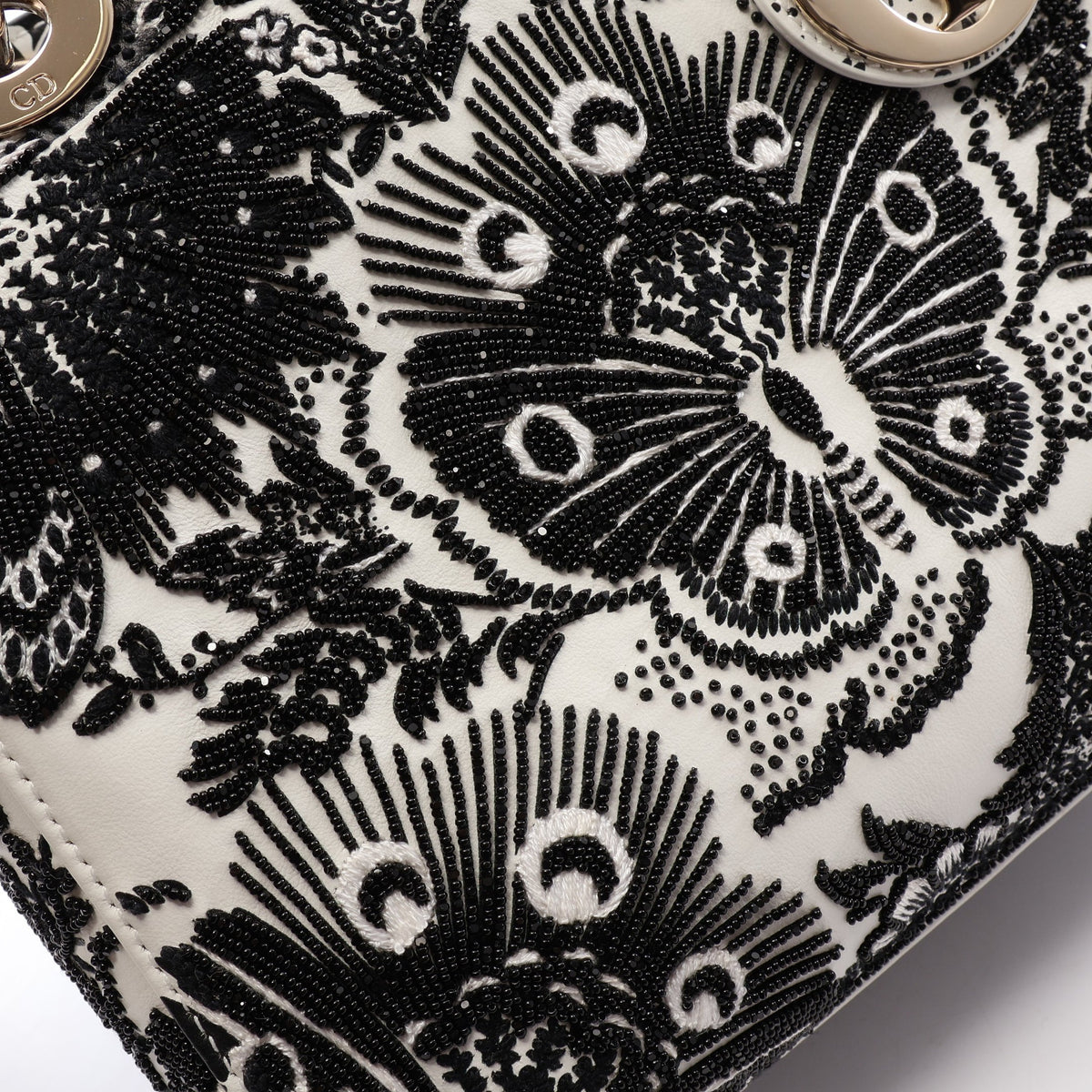 LADY DIOR レディディオール ビーズ 2WAY ハンドバッグ レザー ホワイト ブラック クリスチャンディオール