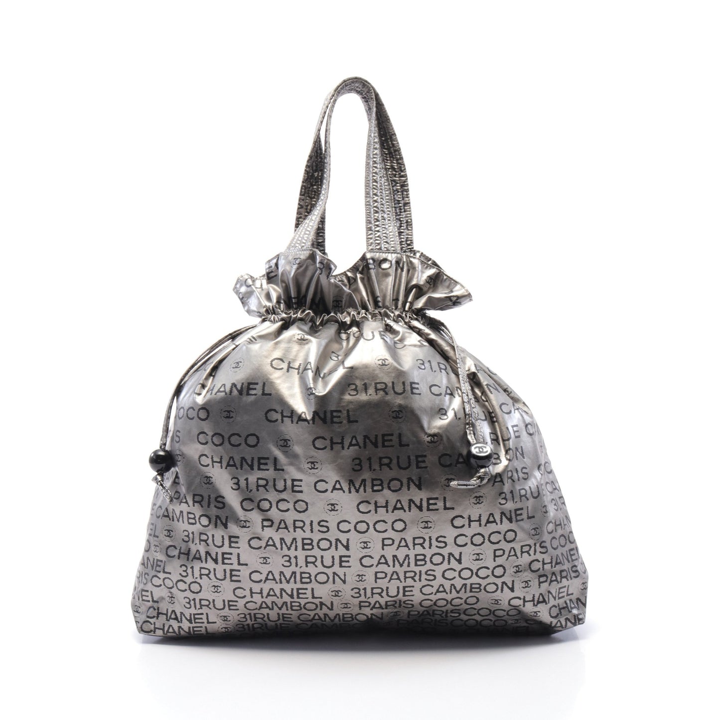 アンリミテッド ハンドバッグ ナイロン シルバー ブラック 巾着 シャネル バッグ CHANEL