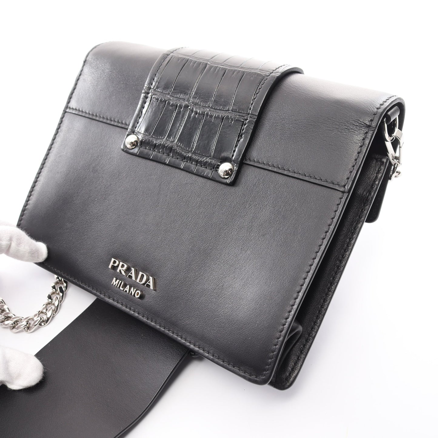 チェーンショルダーバッグ レザー ブラック ビジュー クロコ型押し プラダ バッグ PRADA