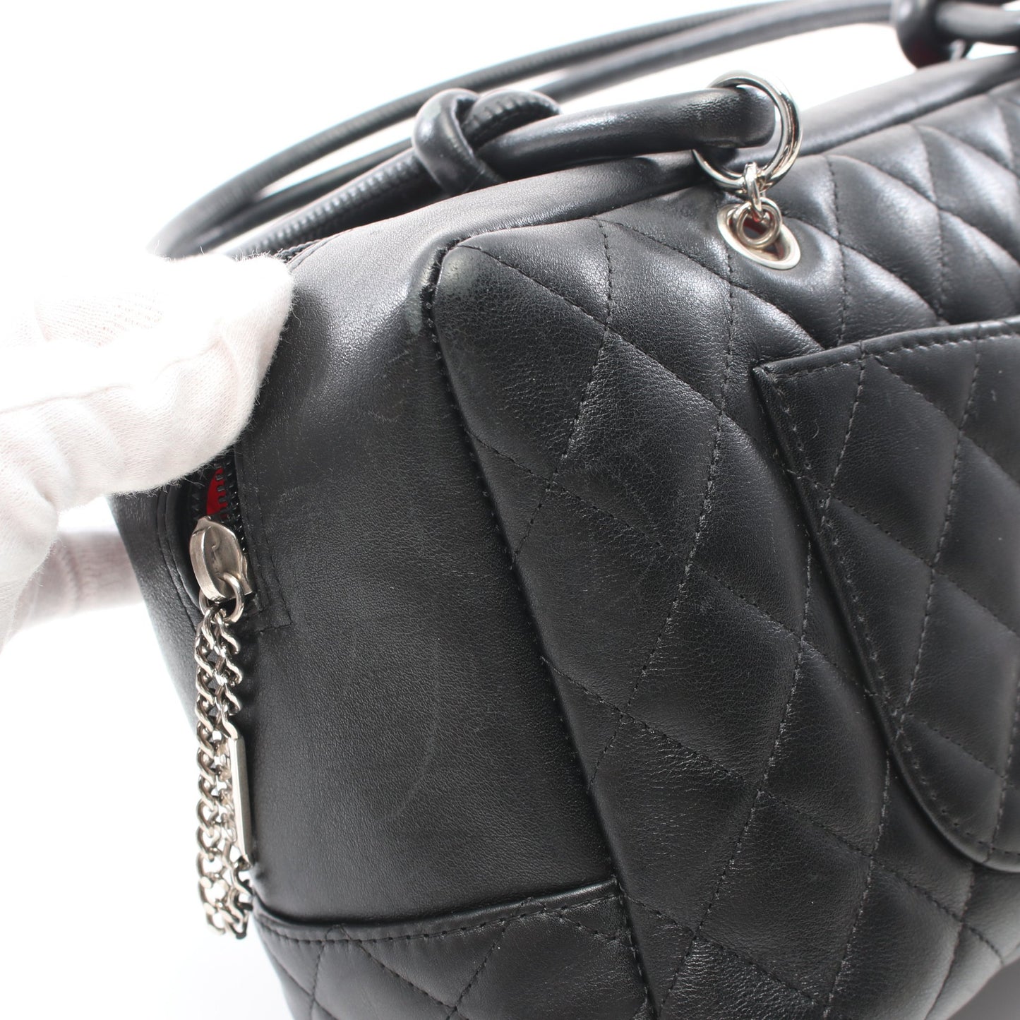 カンボンライン ボーリングバッグ ショルダーバッグ レザー エナメルレザー ブラック シルバー金具 シャネル バッグ CHANEL
