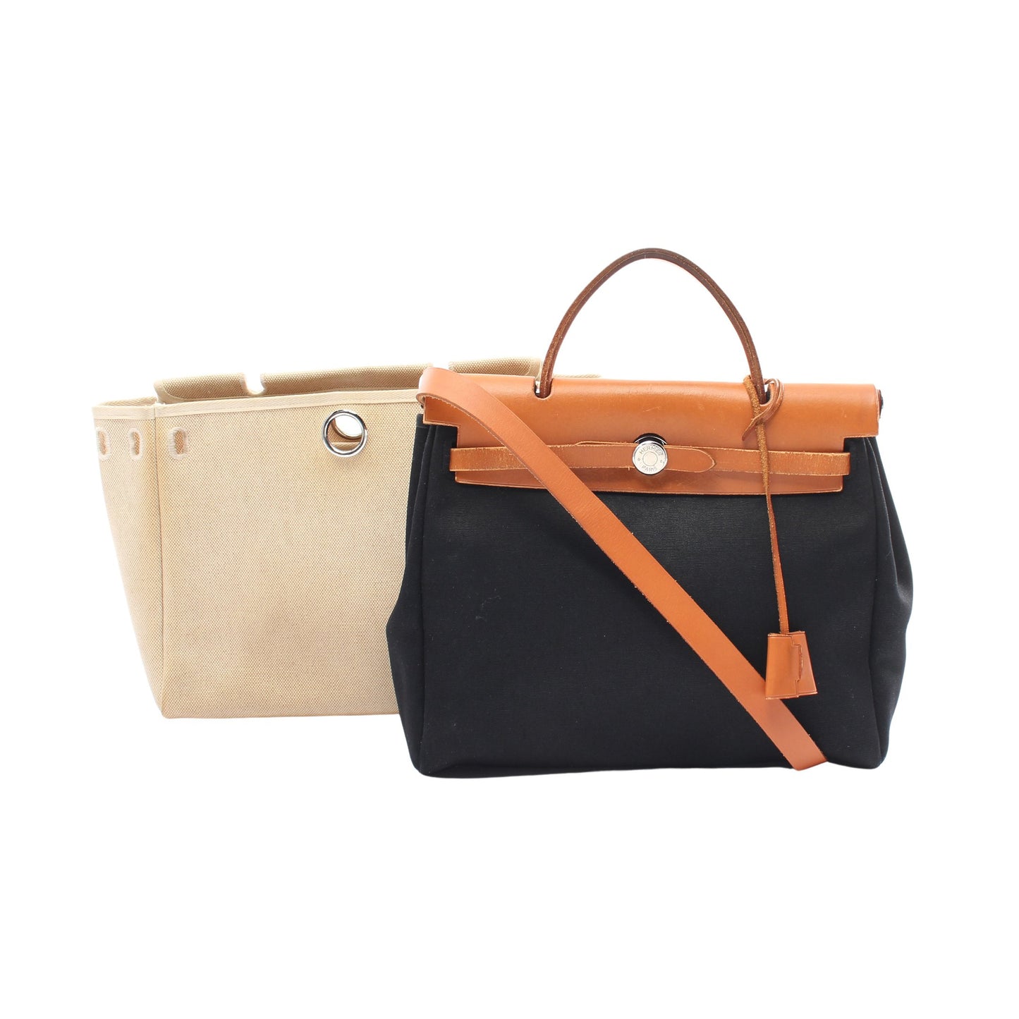 エールバッグPM ハンドバッグ トワルオフィシエ レザー ブラック ブラウン シルバー金具 □D刻印 エルメス バッグ HERMES