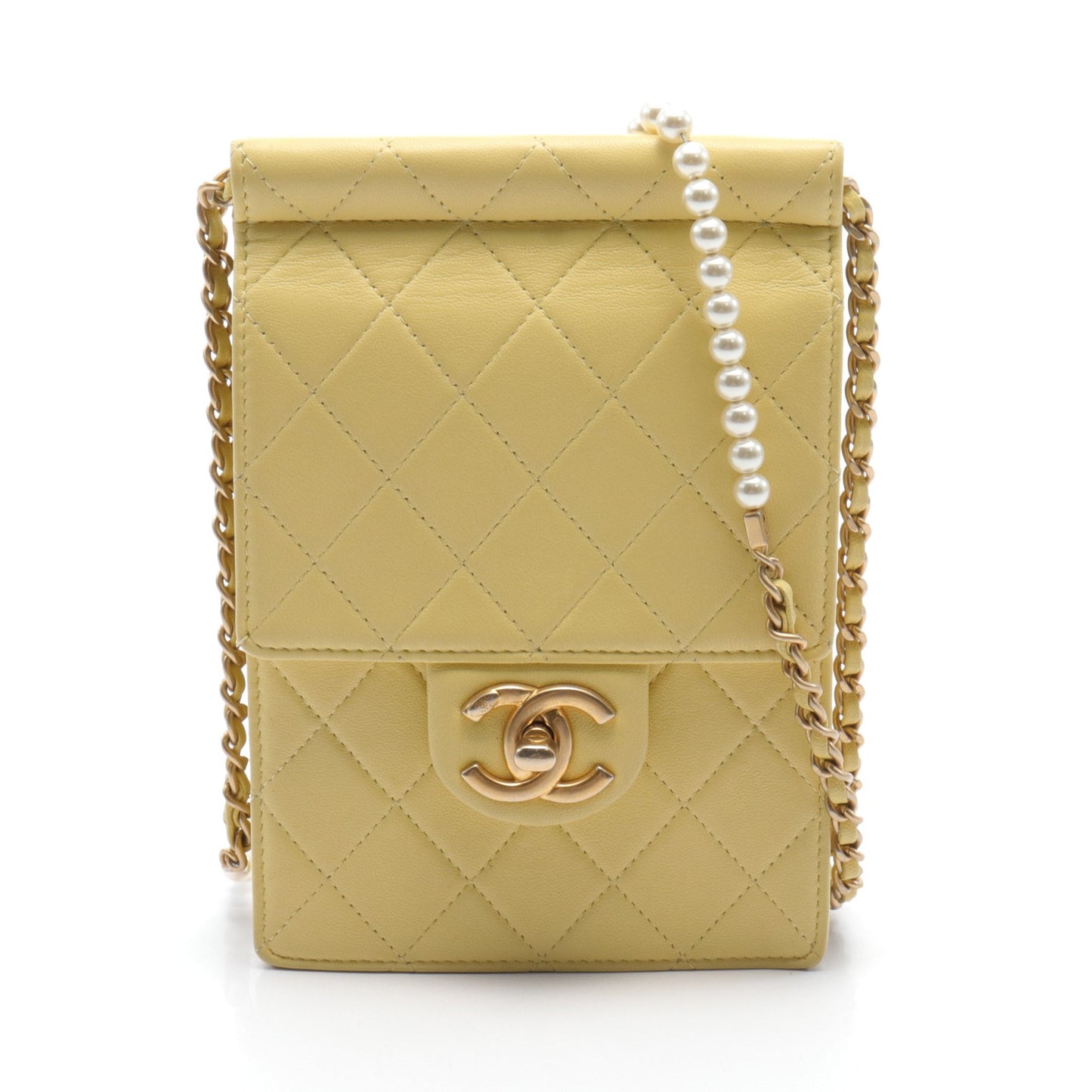 マトラッセ チェーンショルダーバッグ ラムスキン ライトイエロー ゴールド金具 フェイクパール シャネル バッグ CHANEL