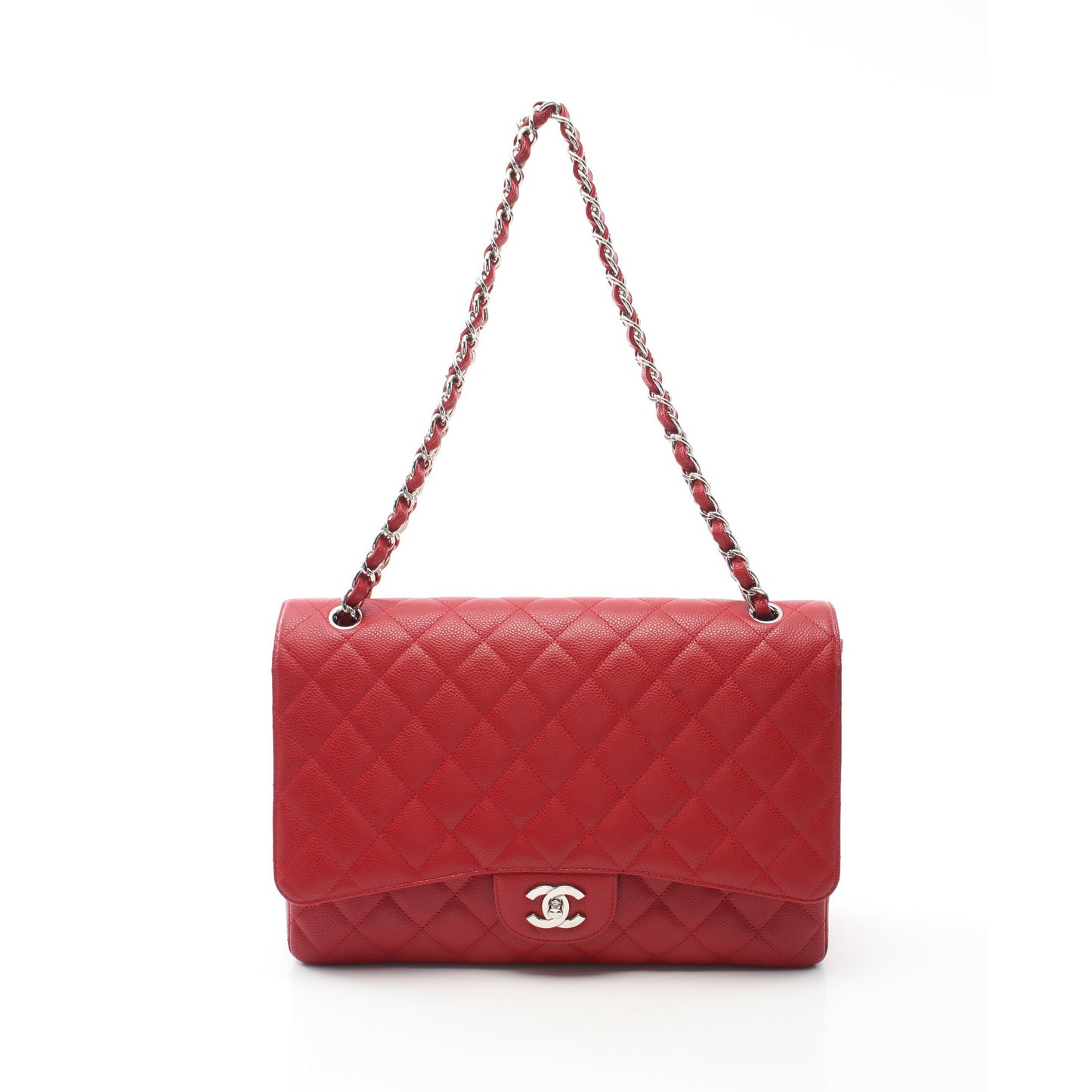 デカマトラッセ33 シングルフラップ Wチェーンショルダーバッグ キャビアスキン レッド シルバー金具 シャネル バッグ CHANEL
