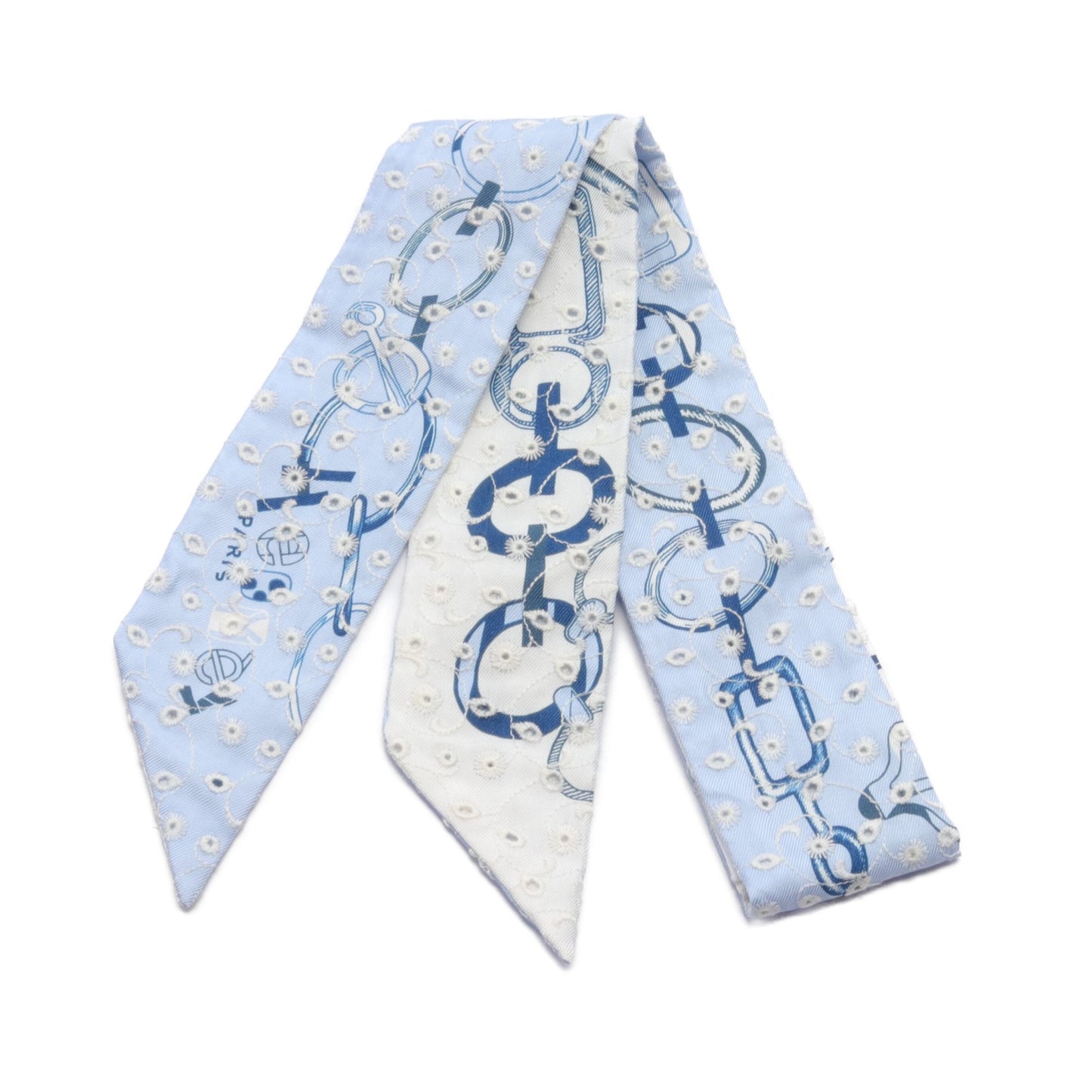 ツイリー Do Re Boucles Broderie Anglaise リボン スカーフ 刺繍 シルク ライトブルー ホワイト ダークブルー エルメス 財布・小物 HERMES