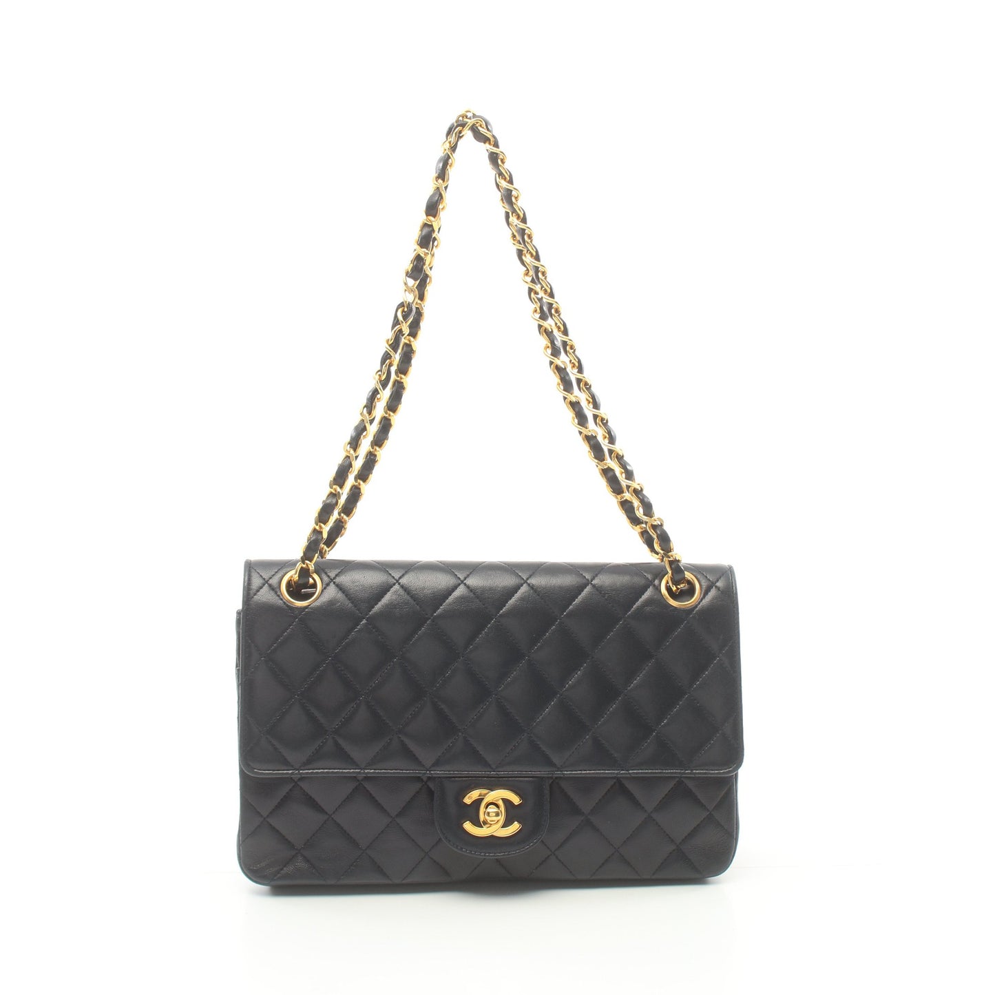 マトラッセ Wフラップ Wチェーンショルダーバッグ ラムスキン ネイビー ゴールド金具 ヴィンテージ シャネル バッグ CHANEL