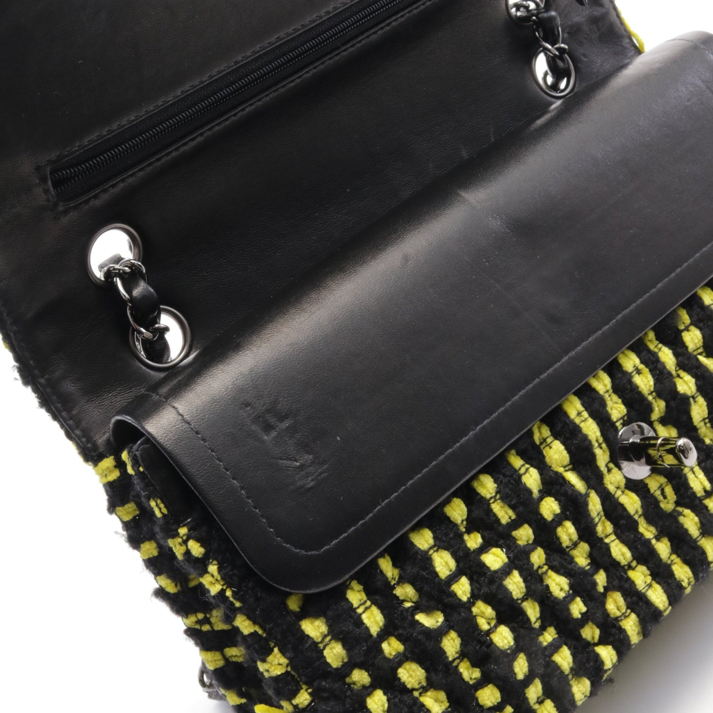 マトラッセ Wフラップ Wチェーンショルダーバッグ ツイード レザー イエロー ブラック シルバー金具 シャネル バッグ CHANEL