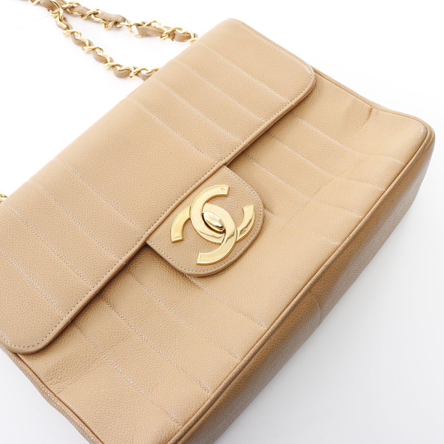 マドモアゼル Wチェーンショルダーバッグ キャビアスキン ベージュ ゴールド金具 シャネル バッグ CHANEL