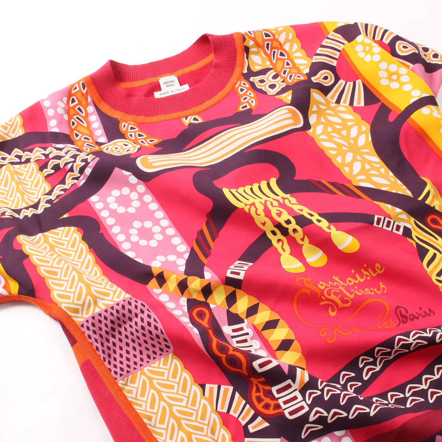 Fantaisie d'Etriers Tシャツ コットンツイル 切替 シルク コットン レッド マルチカラー エルメス トップス HERMES