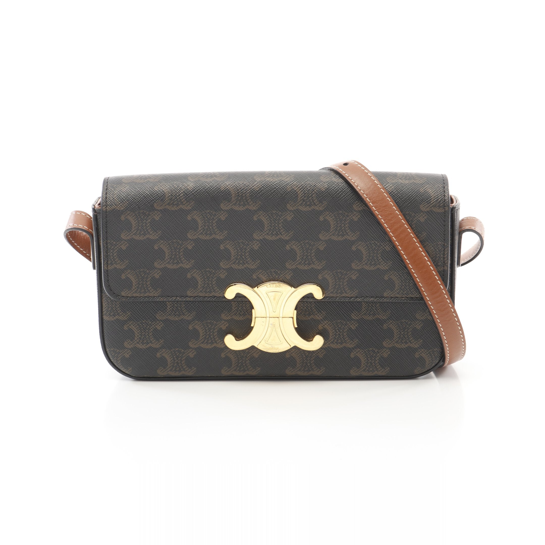 CELINEブラウン ショルダーバッグ 合成皮革 CELINE◇ショルダーフォンポーチ/ショルダーバッグ/レザー/BRW