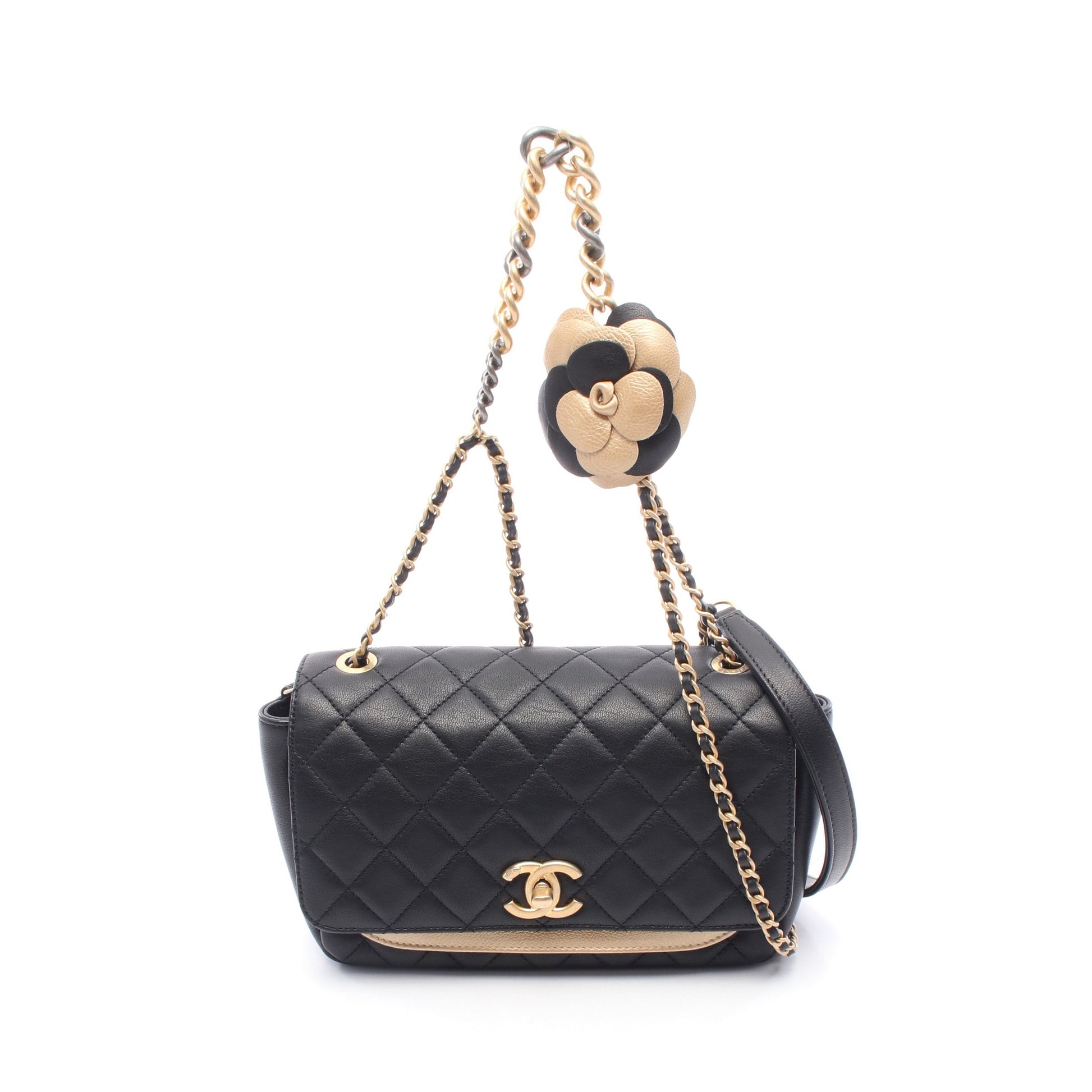 ミニマトラッセ カメリア チェーンショルダーバッグ ラムスキン ブラック ゴールド ゴールド金具 シャネル バッグ CHANEL