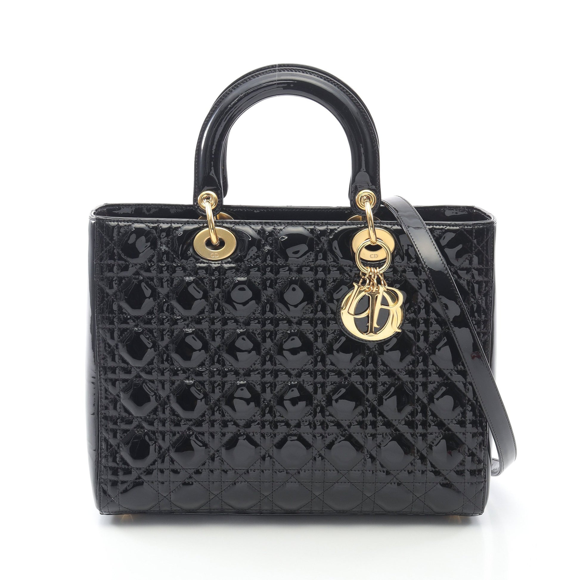 レディディオール ラージ ハンドバッグ エナメルレザー ブラック 2WAY  