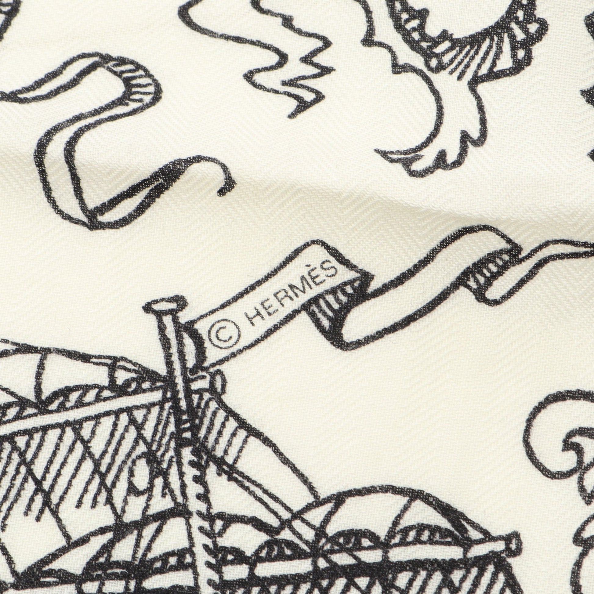 カレジェアン カレ140 Tatouages Marins スカーフ ショール カシミヤ シルク ホワイト ブラック エルメス 財布・小物 HERMES