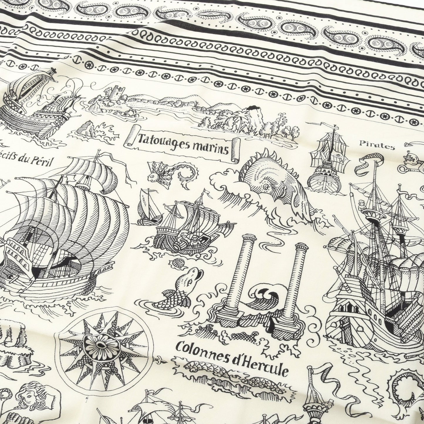 カレジェアン カレ140 Tatouages Marins スカーフ ショール カシミヤ シルク ホワイト ブラック エルメス 財布・小物 HERMES