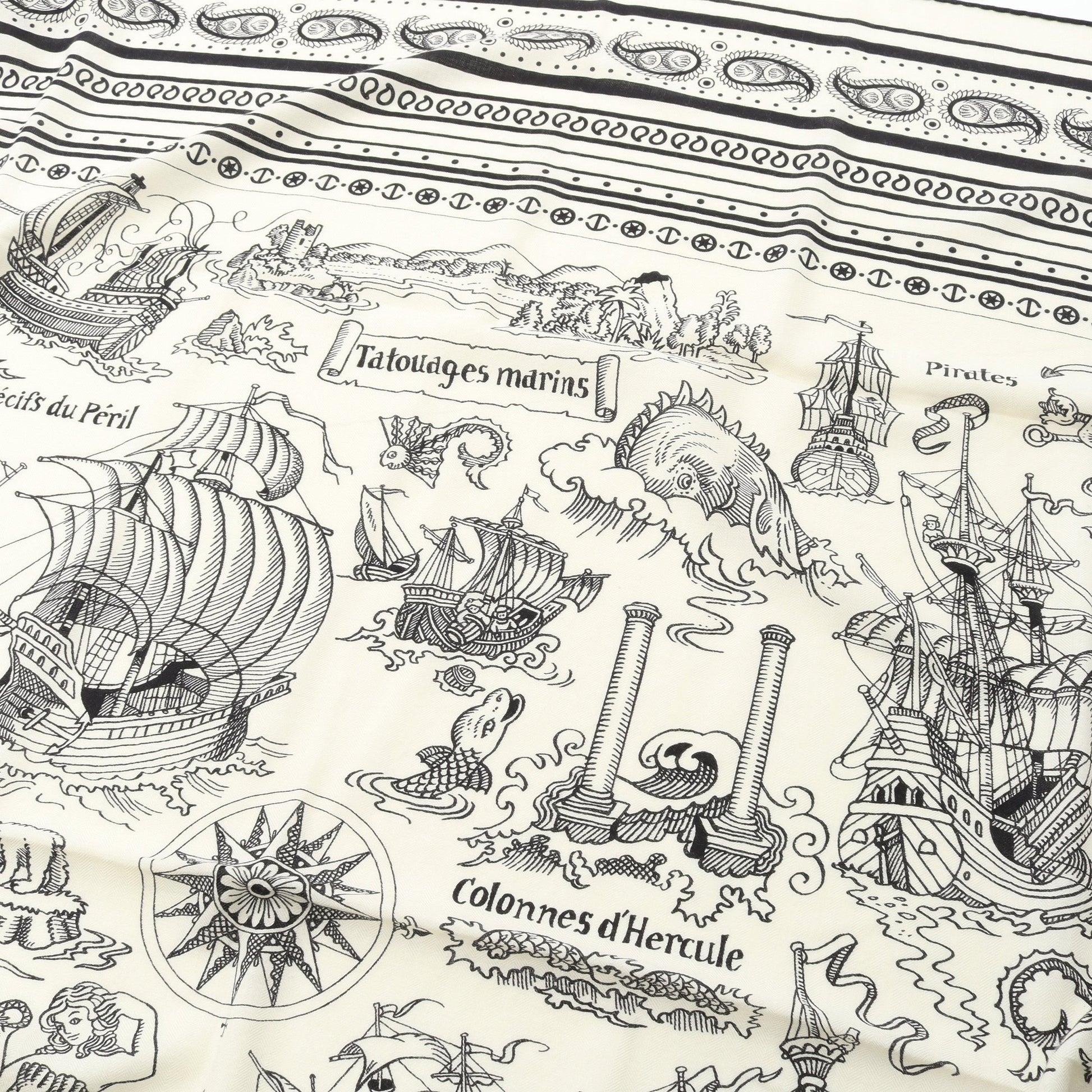 カレジェアン カレ140 Tatouages Marins スカーフ ショール カシミヤ シルク ホワイト ブラック エルメス 財布・小物 HERMES