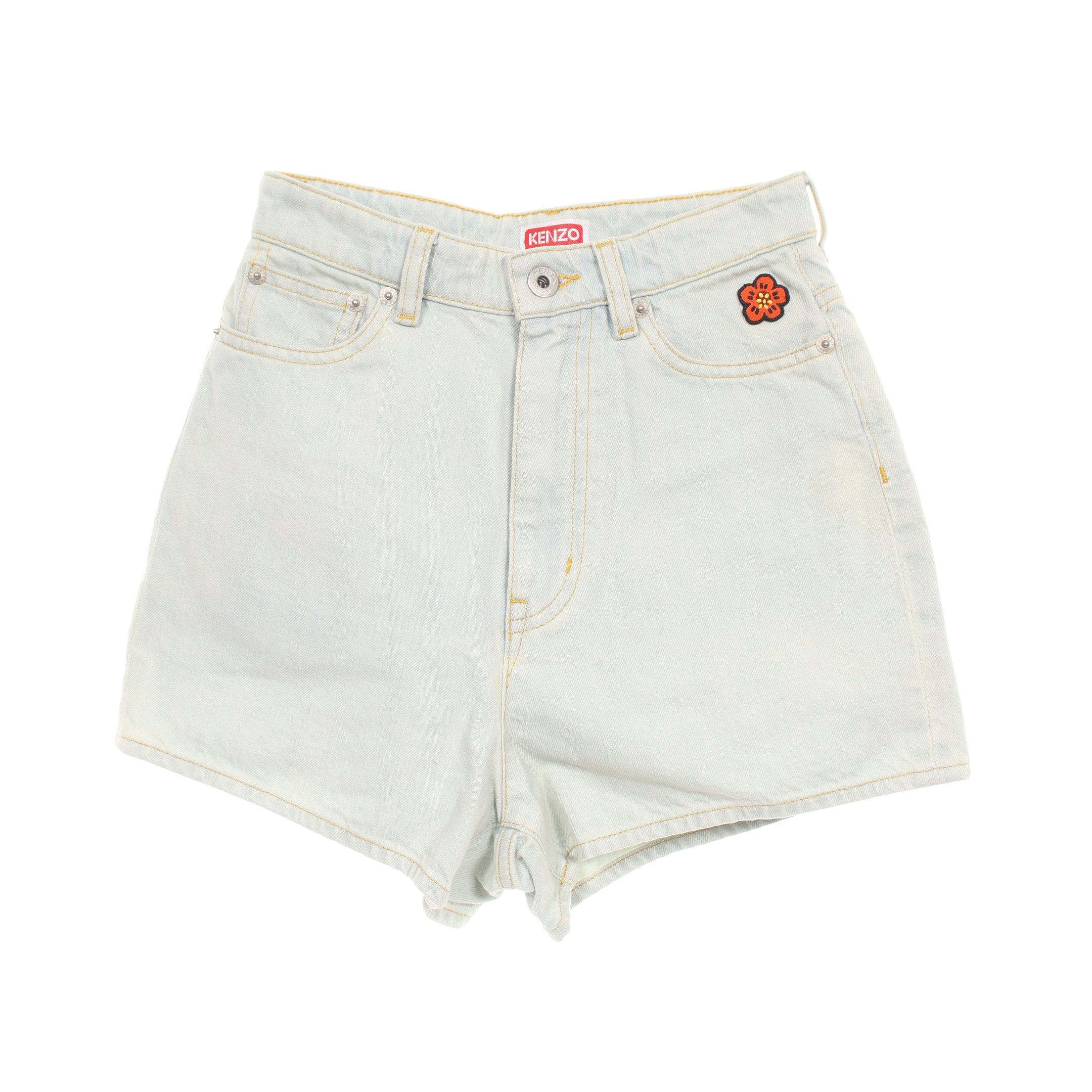 ショート デニムパンツ フラワーパッチ コットン ライトブルー