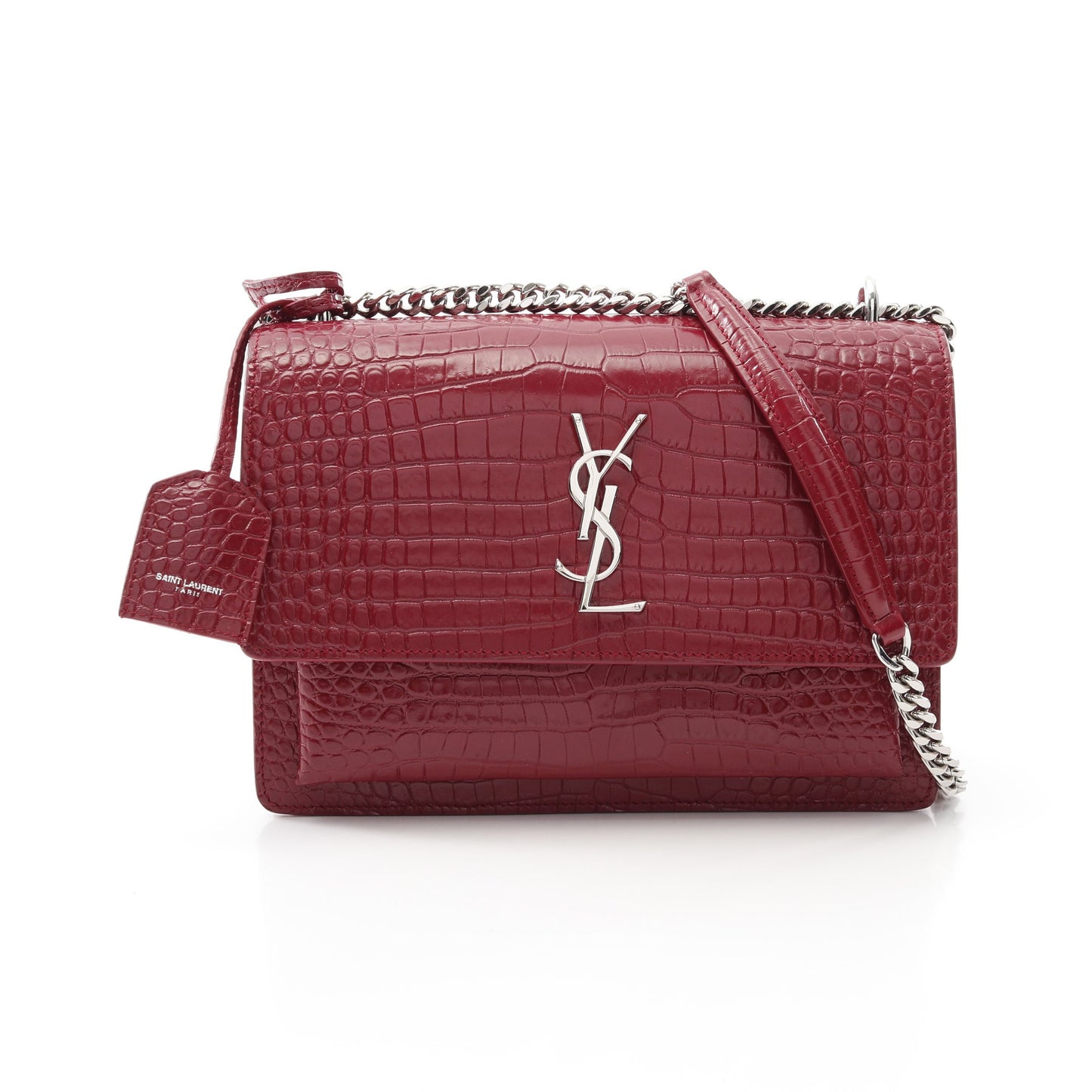 サンセット チェーンショルダーバッグ レザー ピンクレッド クロコ型押し イヴサンローラン バッグ YVES SAINT LAURENT