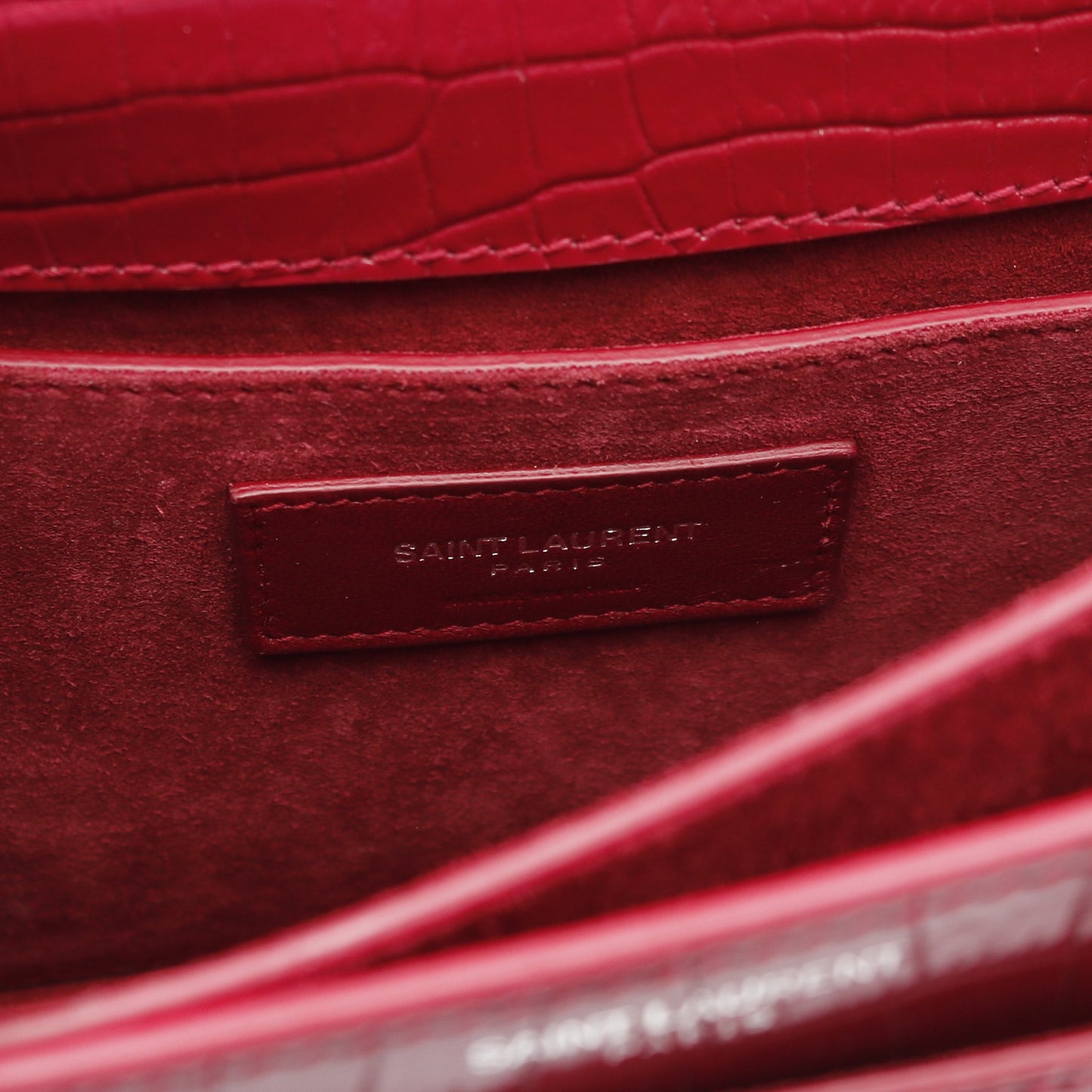 サンセット チェーンショルダーバッグ レザー ピンクレッド クロコ型押し イヴサンローラン バッグ YVES SAINT LAURENT