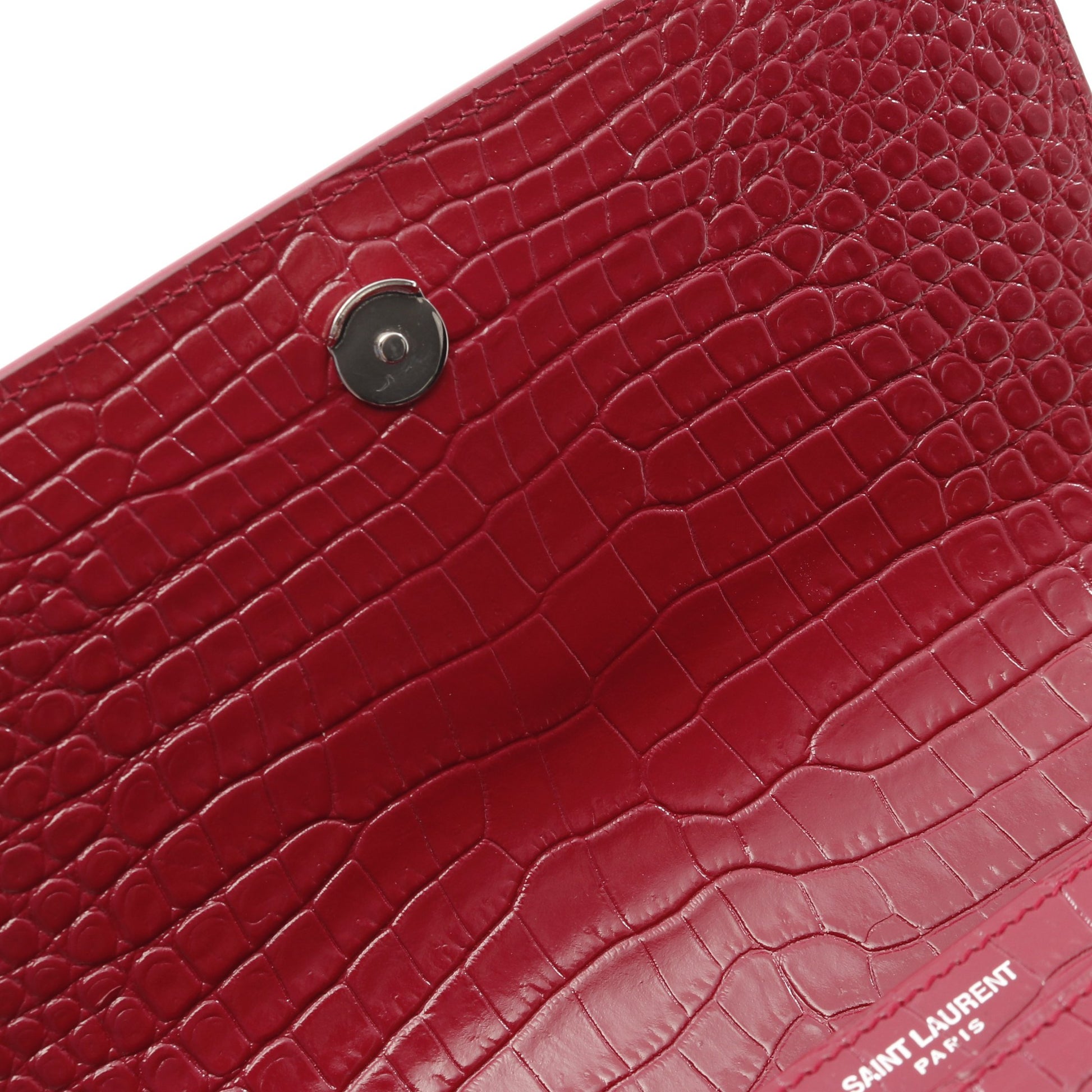 サンセット チェーンショルダーバッグ レザー ピンクレッド クロコ型押し イヴサンローラン バッグ YVES SAINT LAURENT