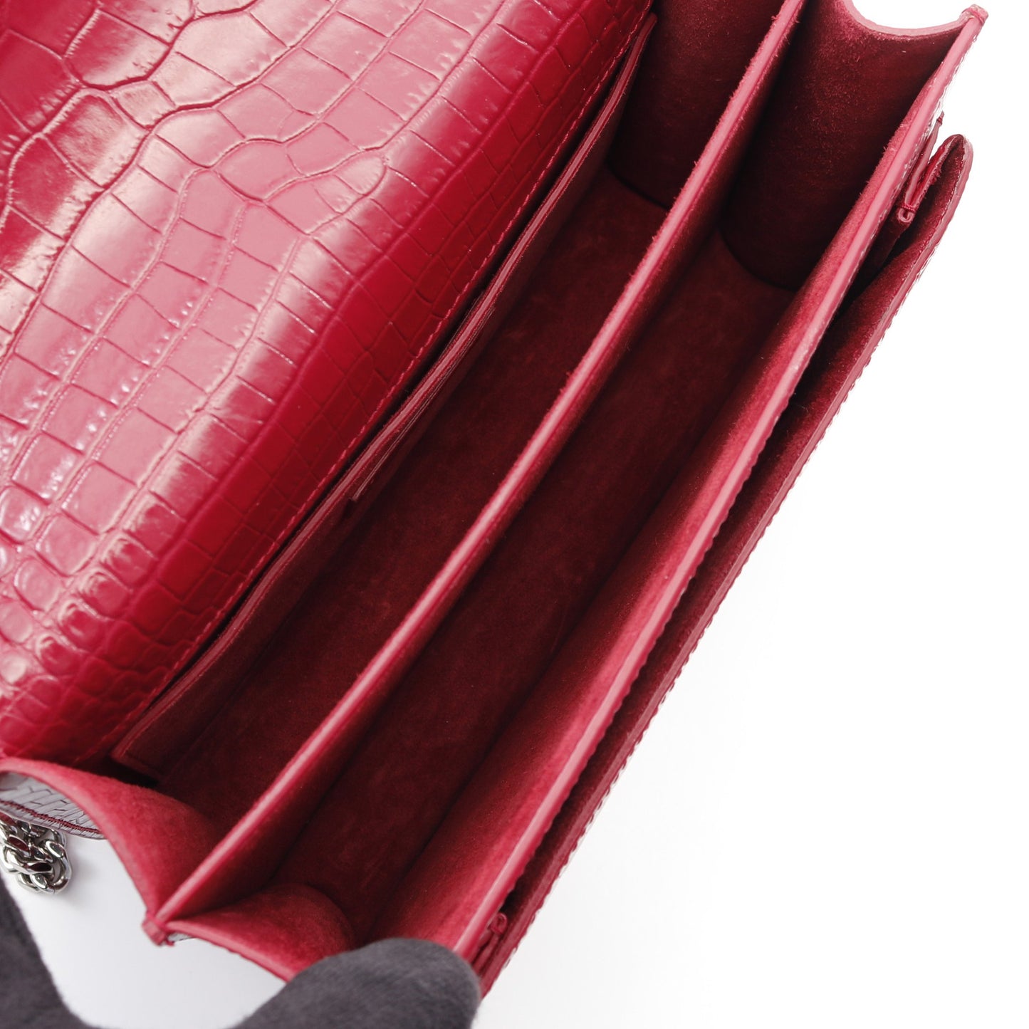 サンセット チェーンショルダーバッグ レザー ピンクレッド クロコ型押し イヴサンローラン バッグ YVES SAINT LAURENT