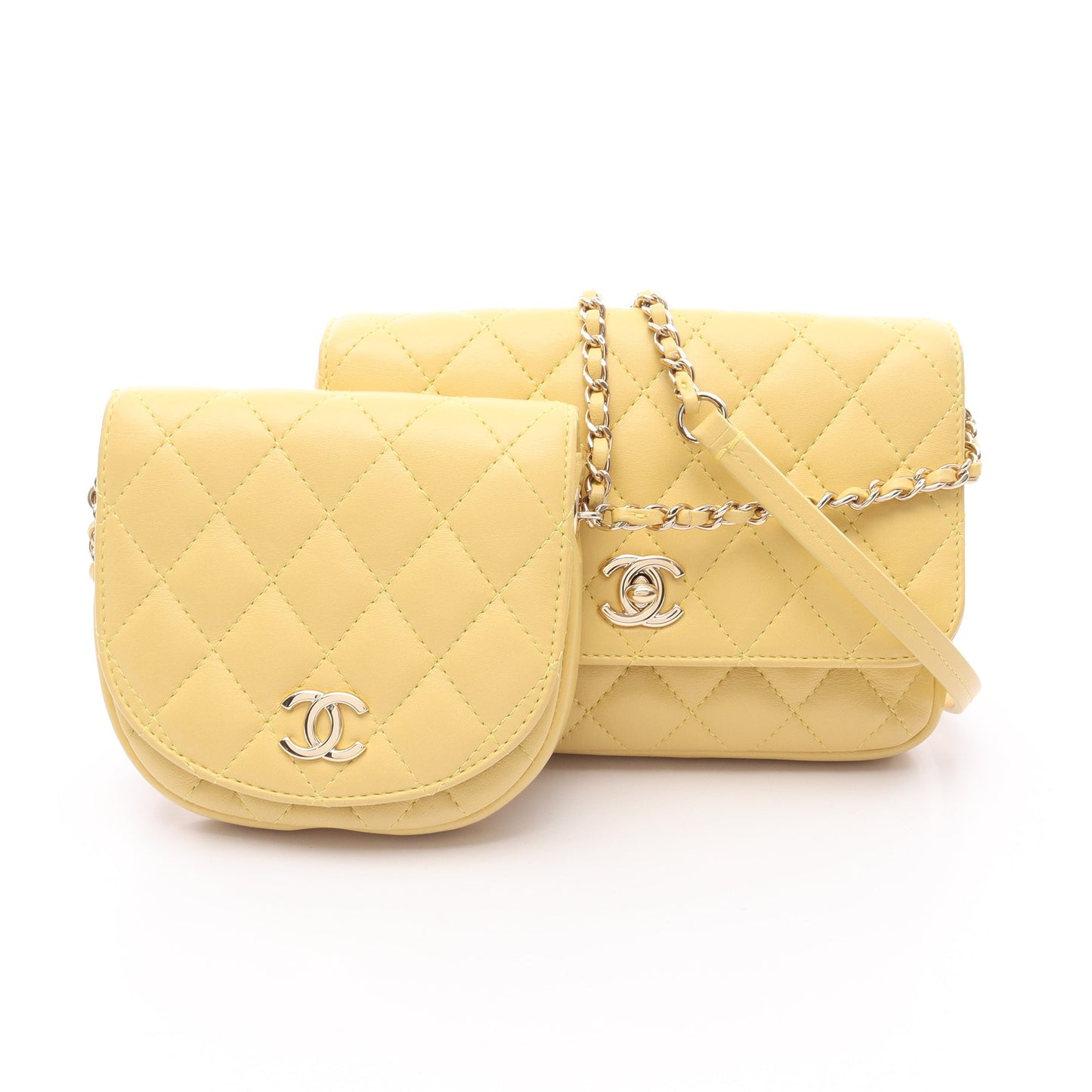 マトラッセ チェーンショルダーバッグ ラムスキン ライトイエロー ゴールド金具 シャネル バッグ CHANEL