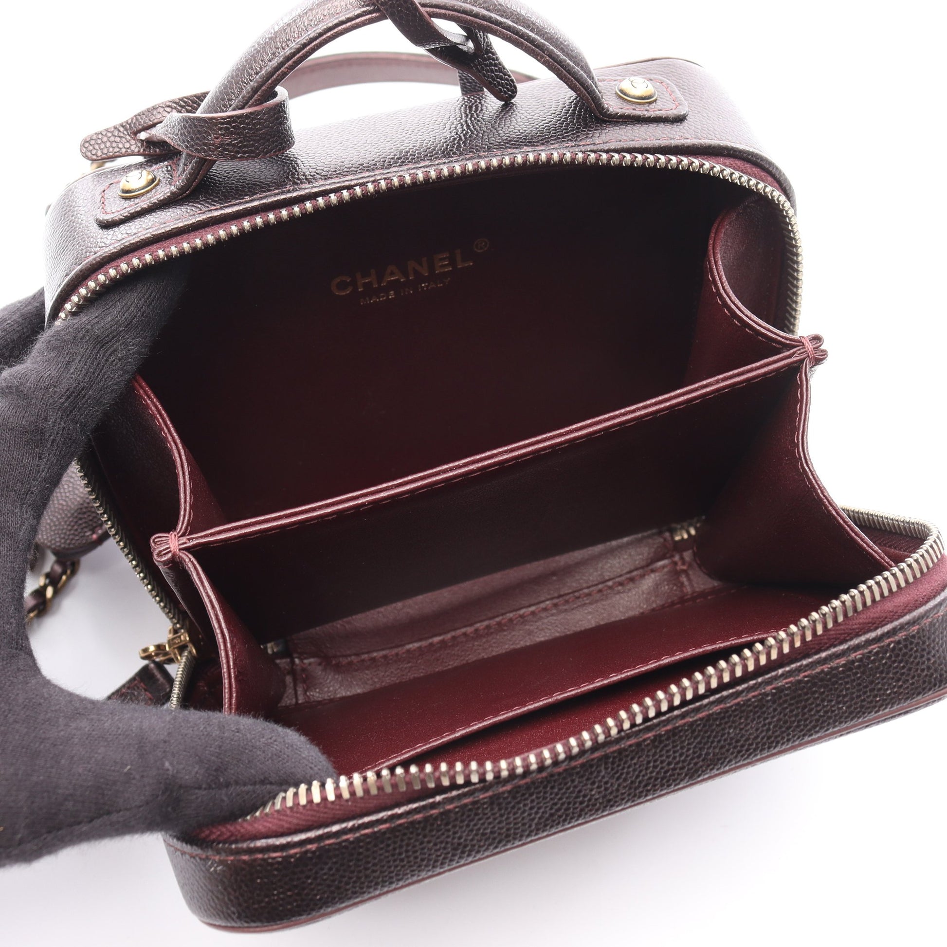 CCフィグリー スモール バニティバッグ チェーンショルダーバッグ キャビアスキン ダークパープル ゴールド金具 2WAY シャネル バッグ CHANEL
