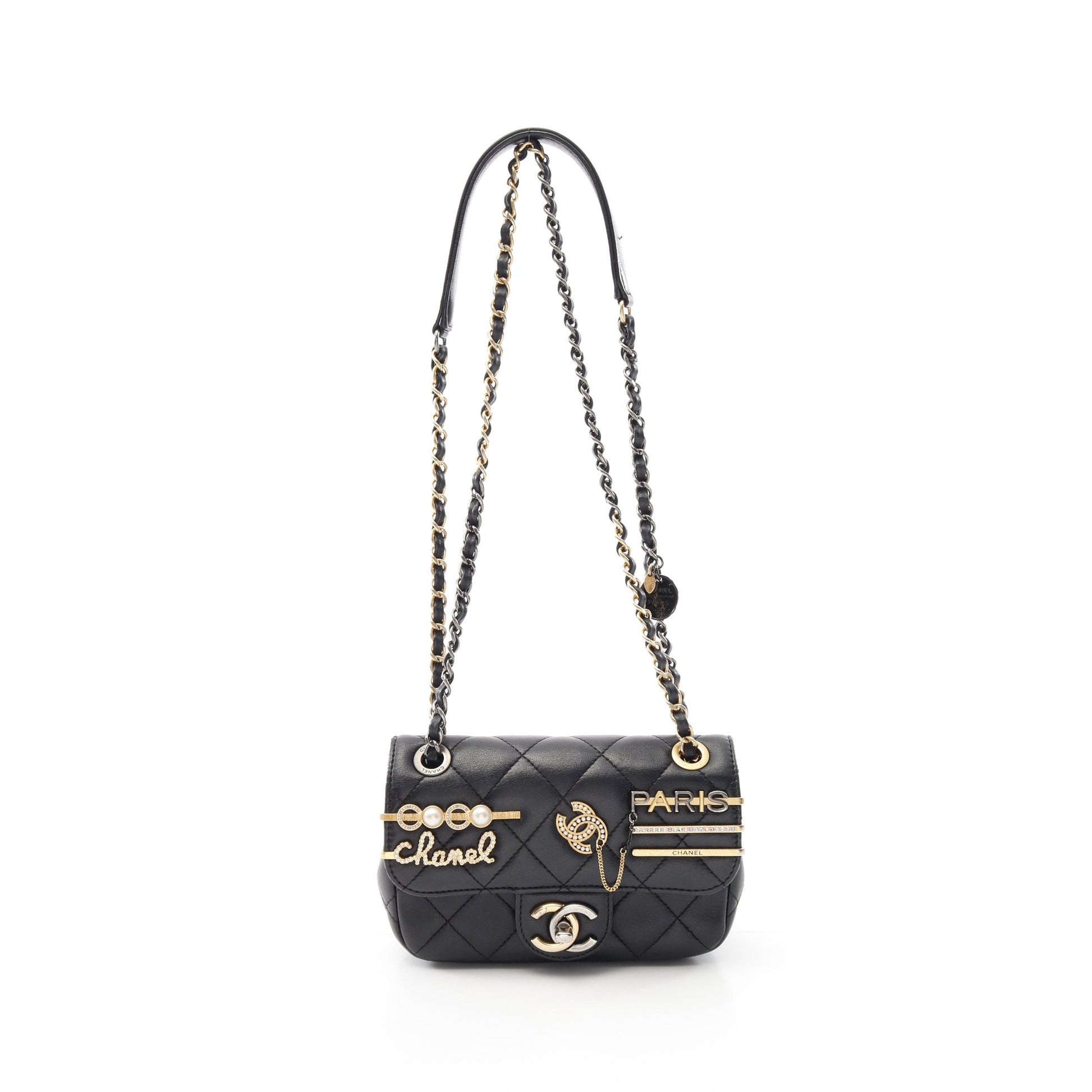 マトラッセ Wチェーンショルダーバッグ ラムスキン ブラック コンビ金具 シャネル バッグ CHANEL