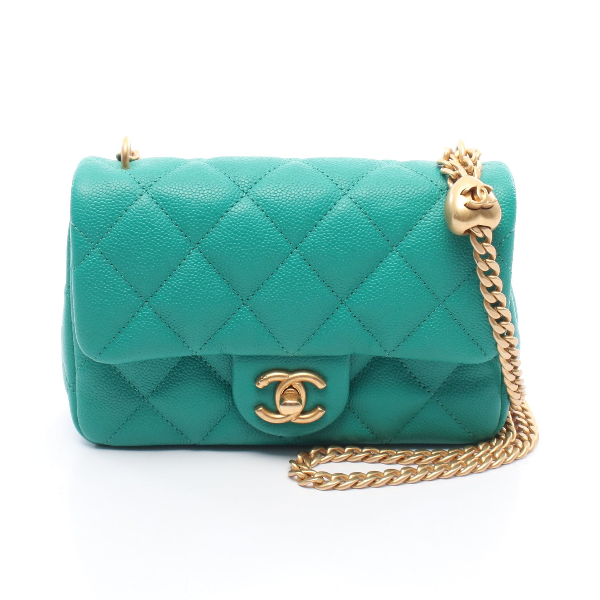 マトラッセ Wチェーンショルダーバッグ キャビアスキン グリーン ゴールド金具 シャネル バッグ CHANEL