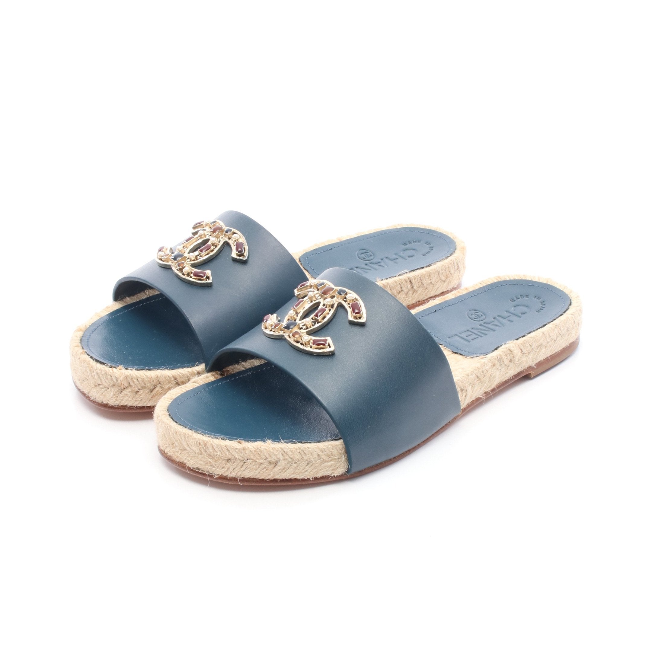 美品シャネル ラフィア ココマーク フラットサンダル ネイビー 美品シャネル ラフィア ココマーク フラットサンダル ネイビー