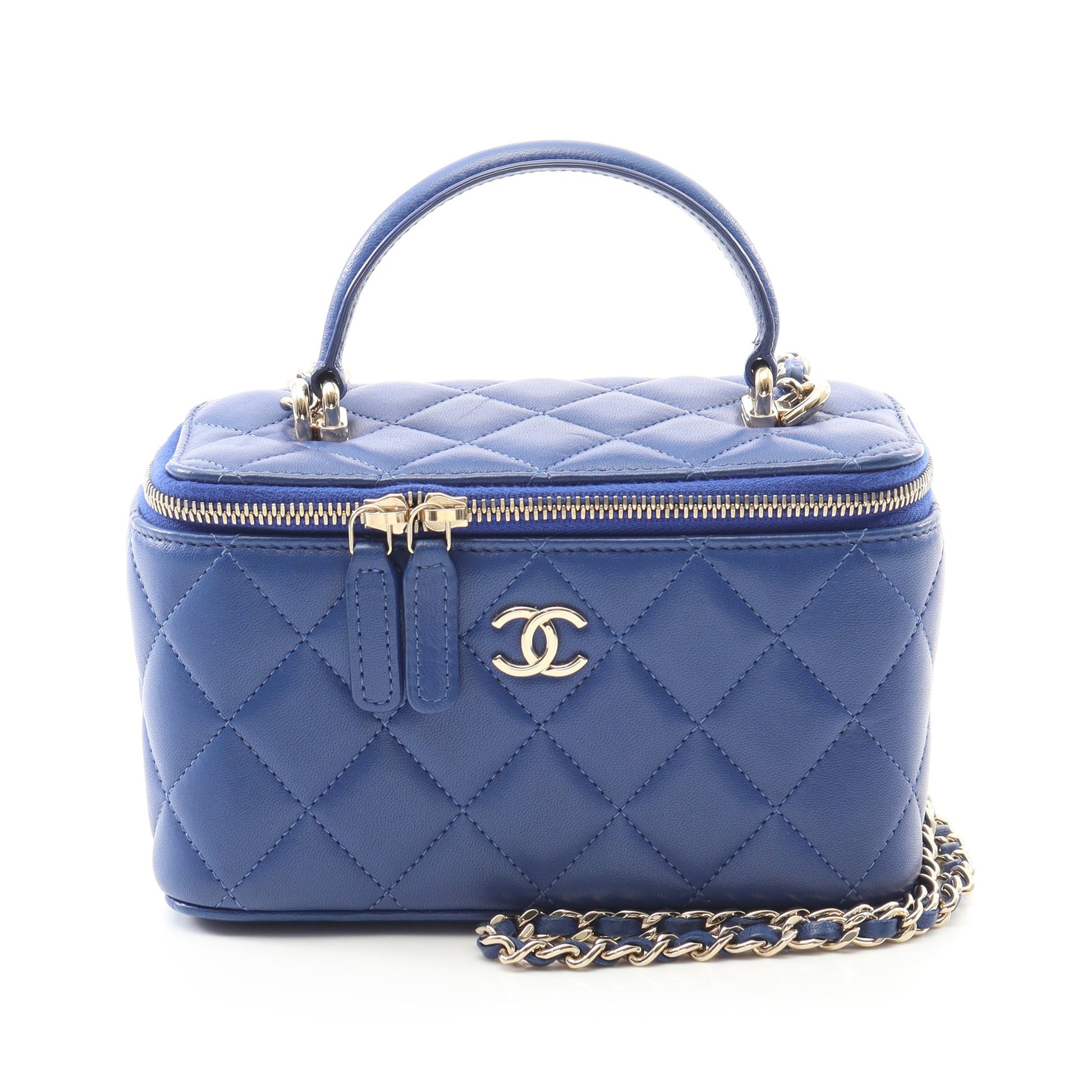 マトラッセ バニティバッグ チェーンショルダーバッグ ラムスキン ブルー ゴールド金具 シャネル バッグ CHANEL