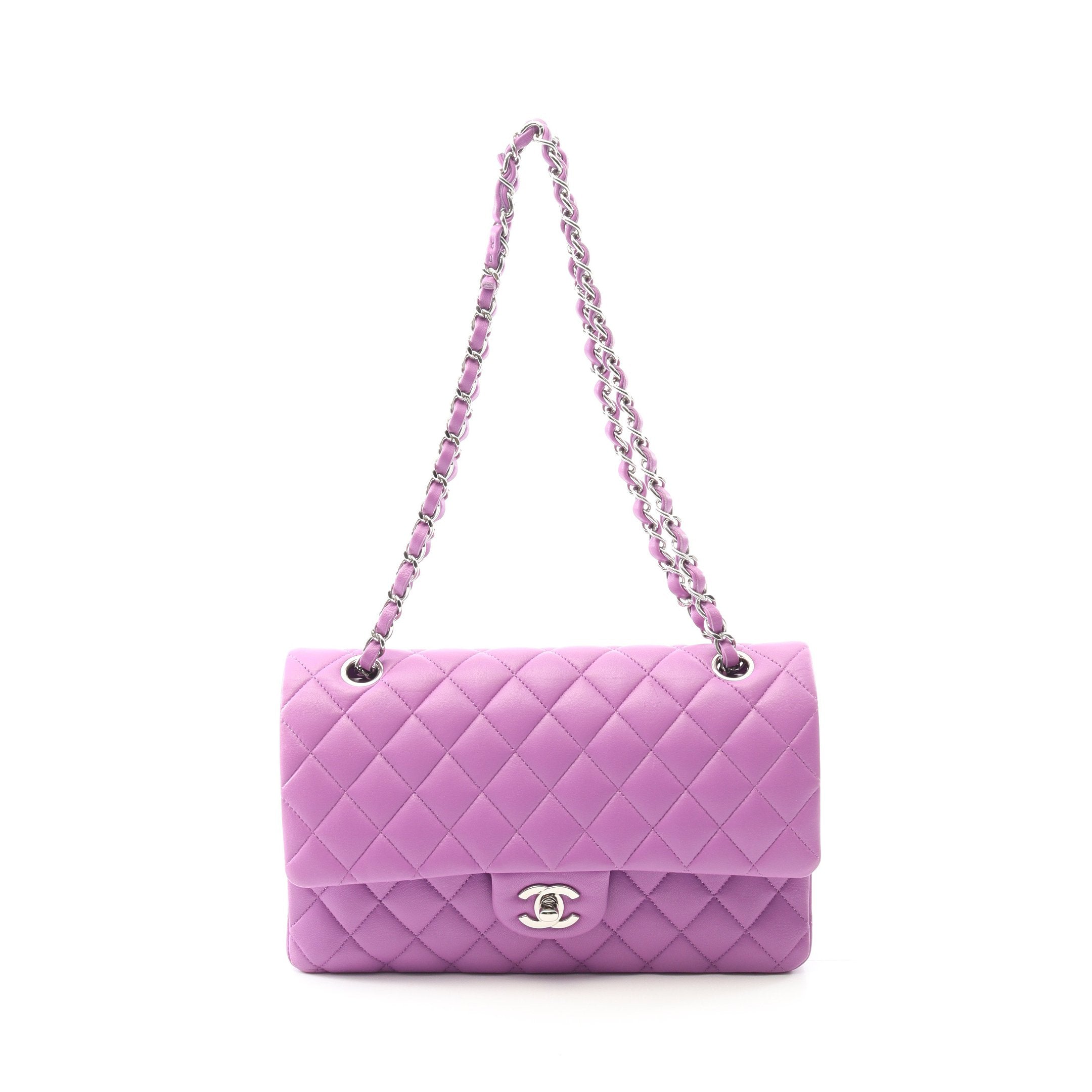 CHANEL(シャネル) ショルダーバッグ ダブルフラップマトラッセ A01112 パープル チェーンショルダー/ヴィンテージシルバー金具 ラムスキン シャネル マトラッセ Wフラップ チェーンショルダー 25 パープル