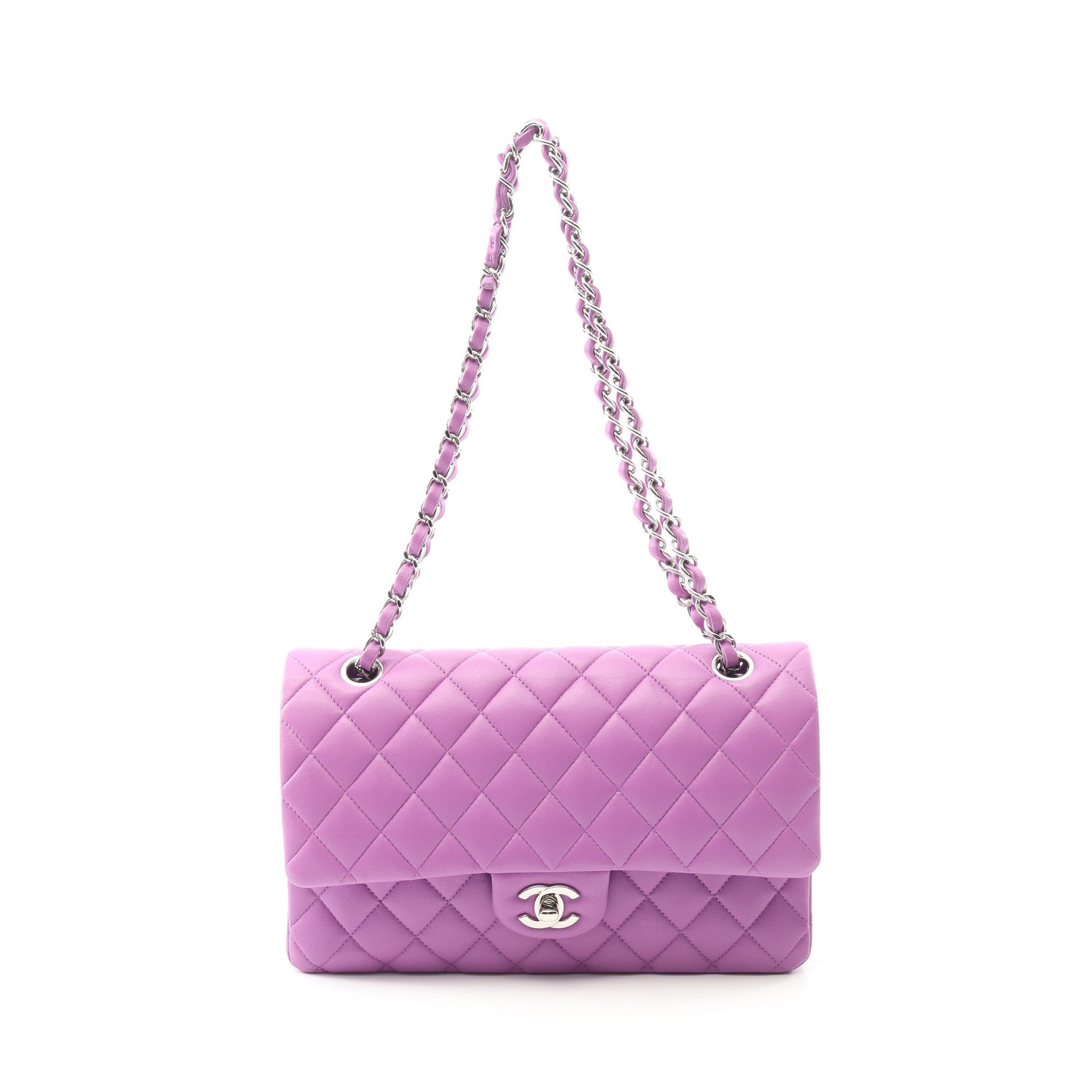 マトラッセ Wフラップ Wチェーンショルダーバッグ ラムスキン ライトパープル シルバー金具 シャネル バッグ CHANEL