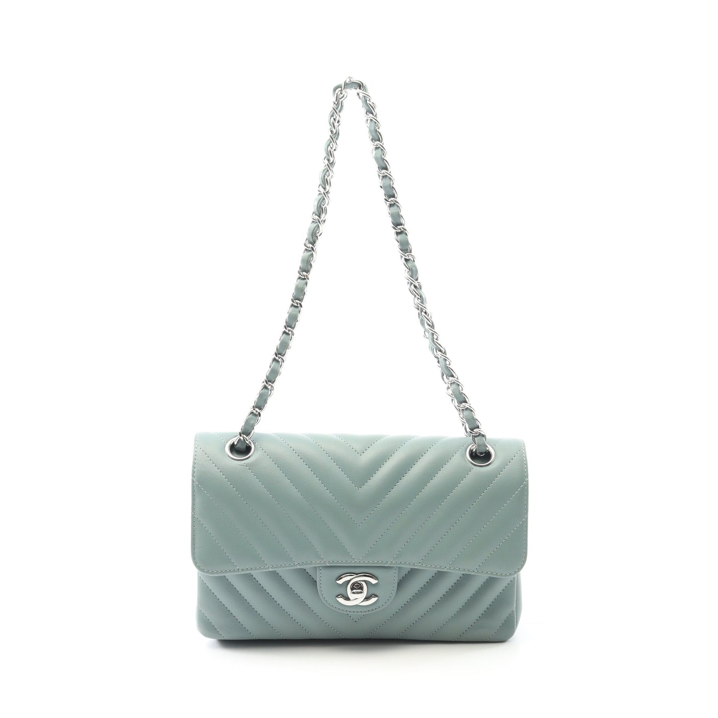 シェブロン Vステッチ Wフラップ Wチェーンショルダーバッグ ラムスキン グレーグリーン シルバー金具 シャネル バッグ CHANEL