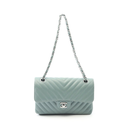 シェブロン Vステッチ Wフラップ Wチェーンショルダーバッグ ラムスキン グレーグリーン シルバー金具 シャネル バッグ CHANEL