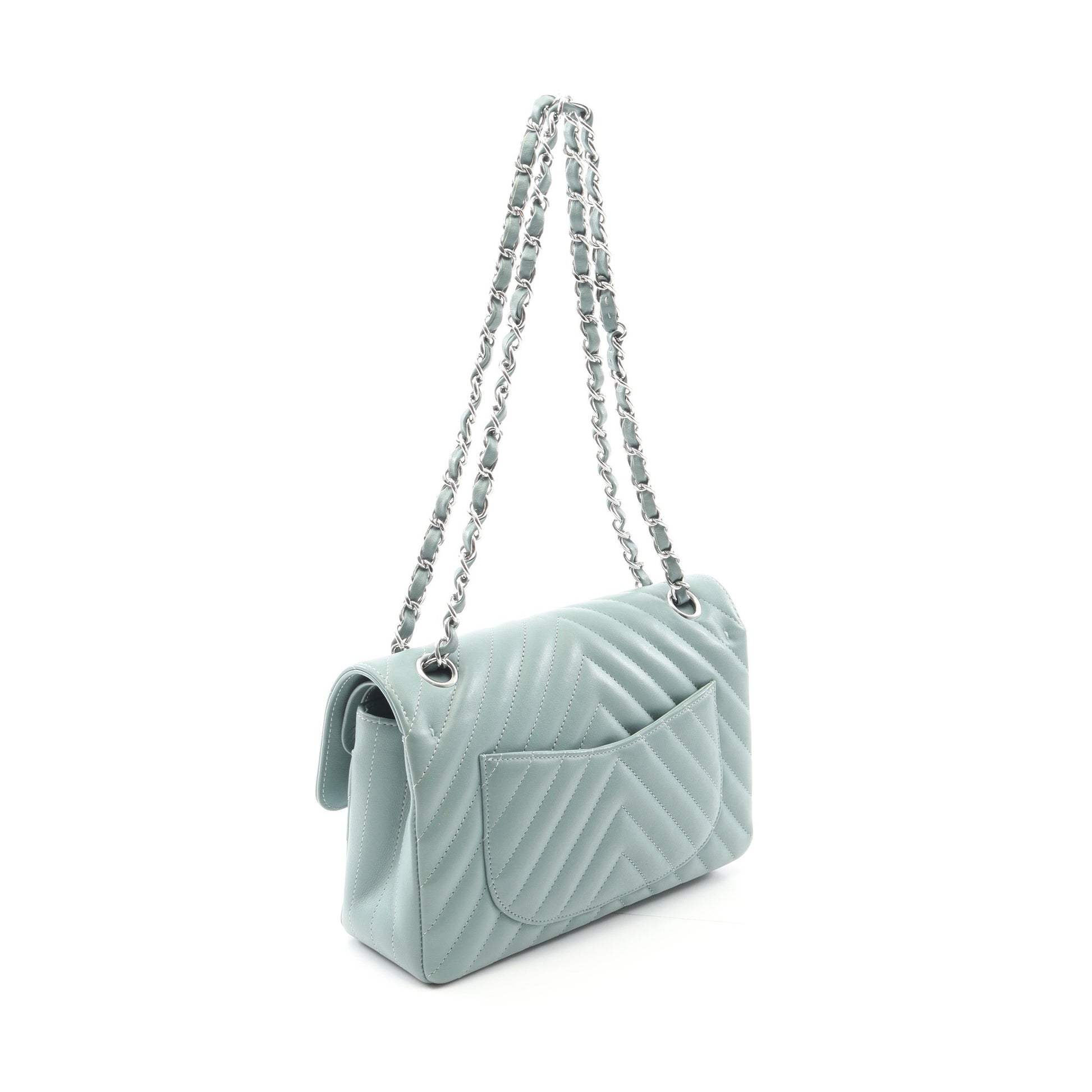 シェブロン Vステッチ Wフラップ Wチェーンショルダーバッグ ラムスキン グレーグリーン シルバー金具 シャネル バッグ CHANEL