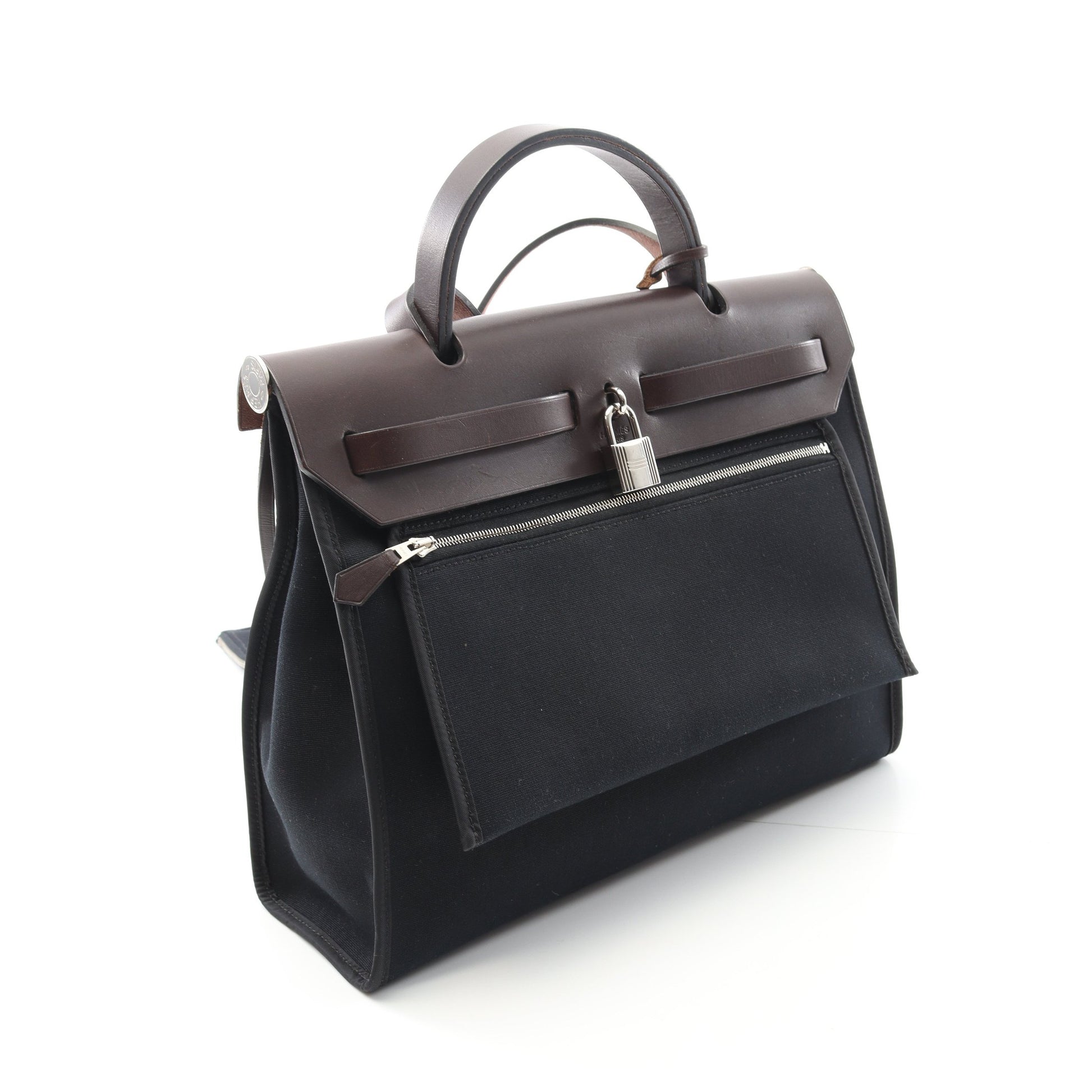 エールバッグジップPM ハンドバッグ トワルオフィシエ ヴァッシュハンター ブラック ダークブラウン シルバー金具 2WAY □L刻印 エルメス バッグ HERMES
